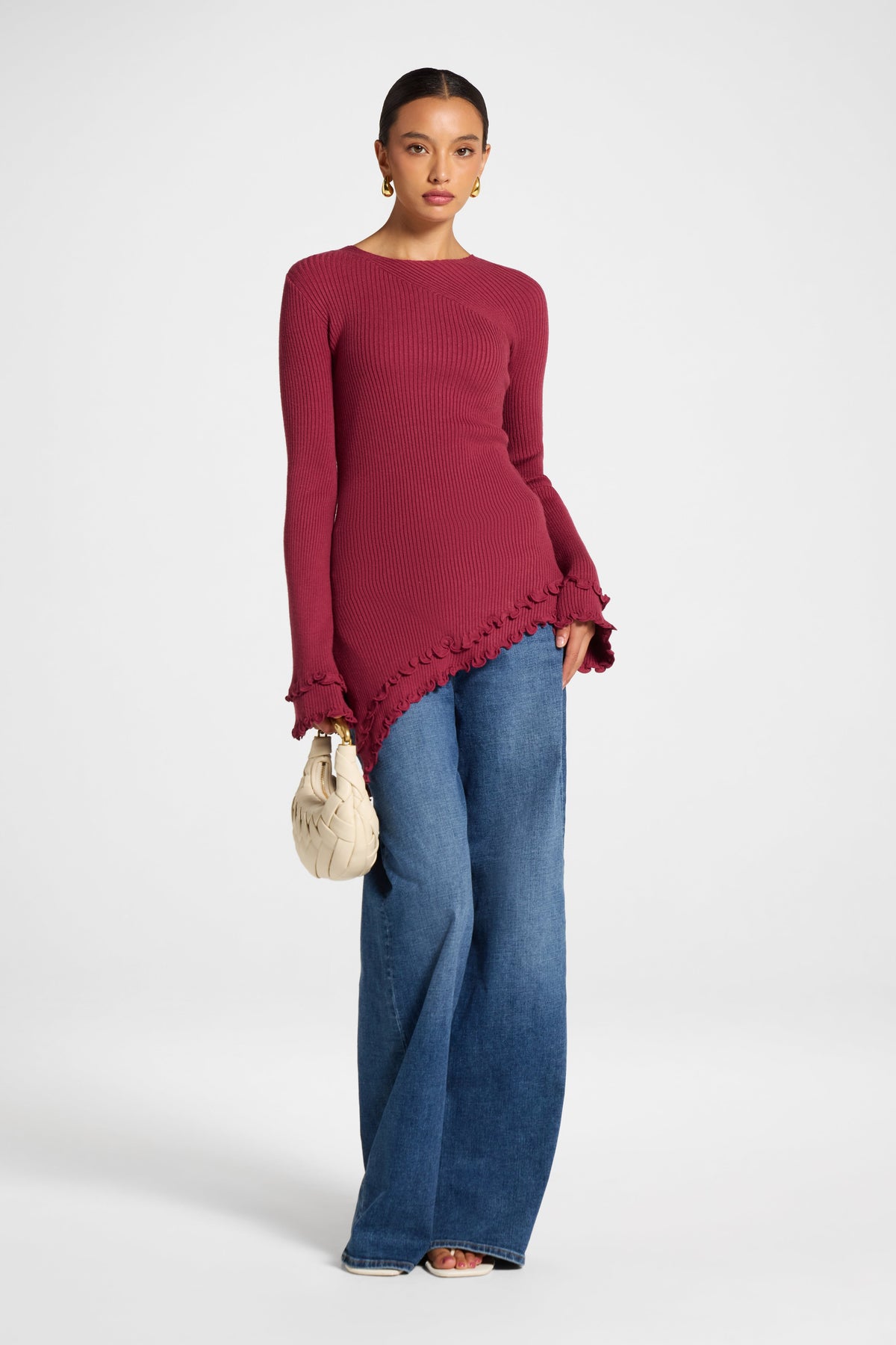 Asymmetric Ruffle Hem Knit Top - Raspberry Veiled