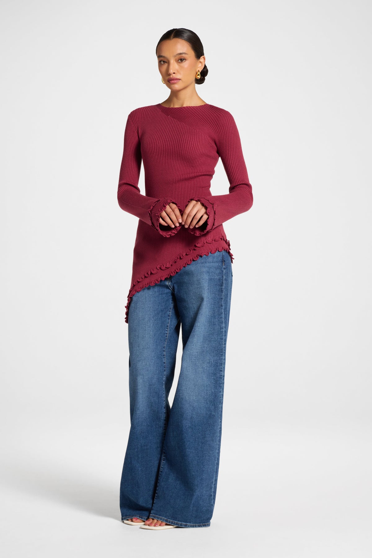 Asymmetric Ruffle Hem Knit Top - Raspberry Veiled
