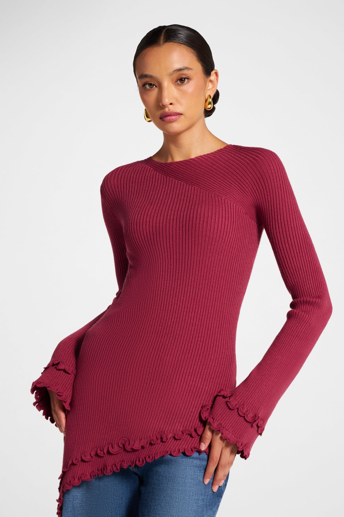 Asymmetric Ruffle Hem Knit Top - Raspberry Veiled