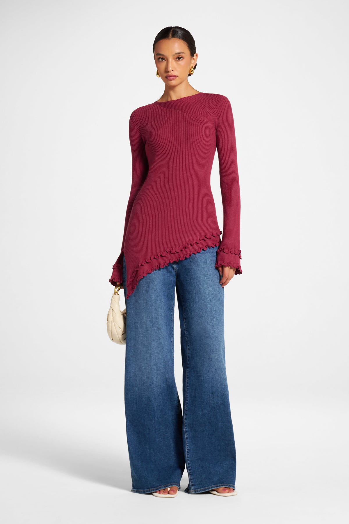 Asymmetric Ruffle Hem Knit Top - Raspberry Veiled