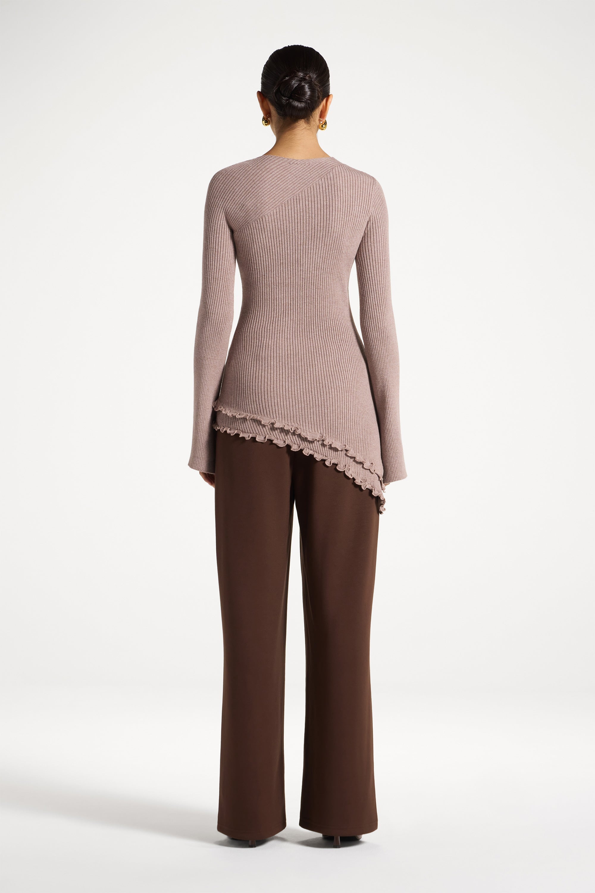 Asymmetric Ruffle Hem Knit Top - Taupe Abayas Veiled