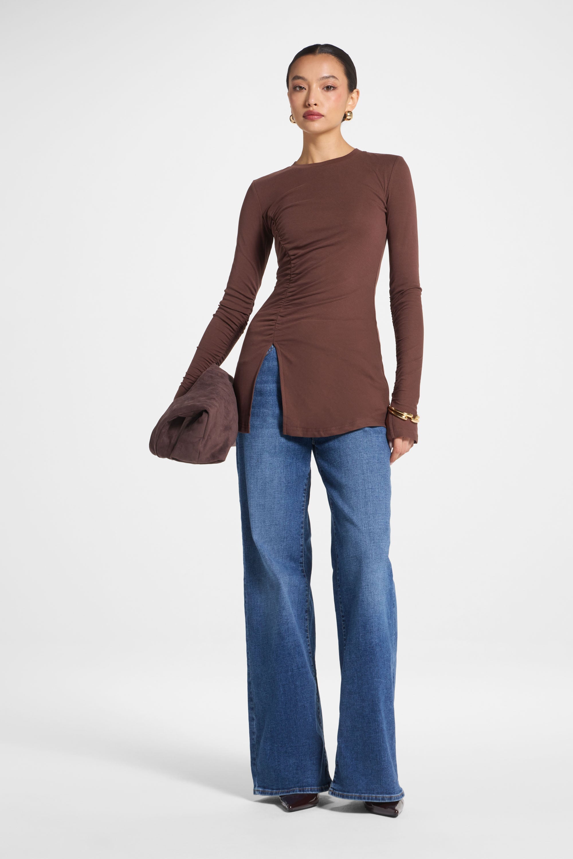 Asymmetric Side Slit Top - Dark Brown Abayas Veiled