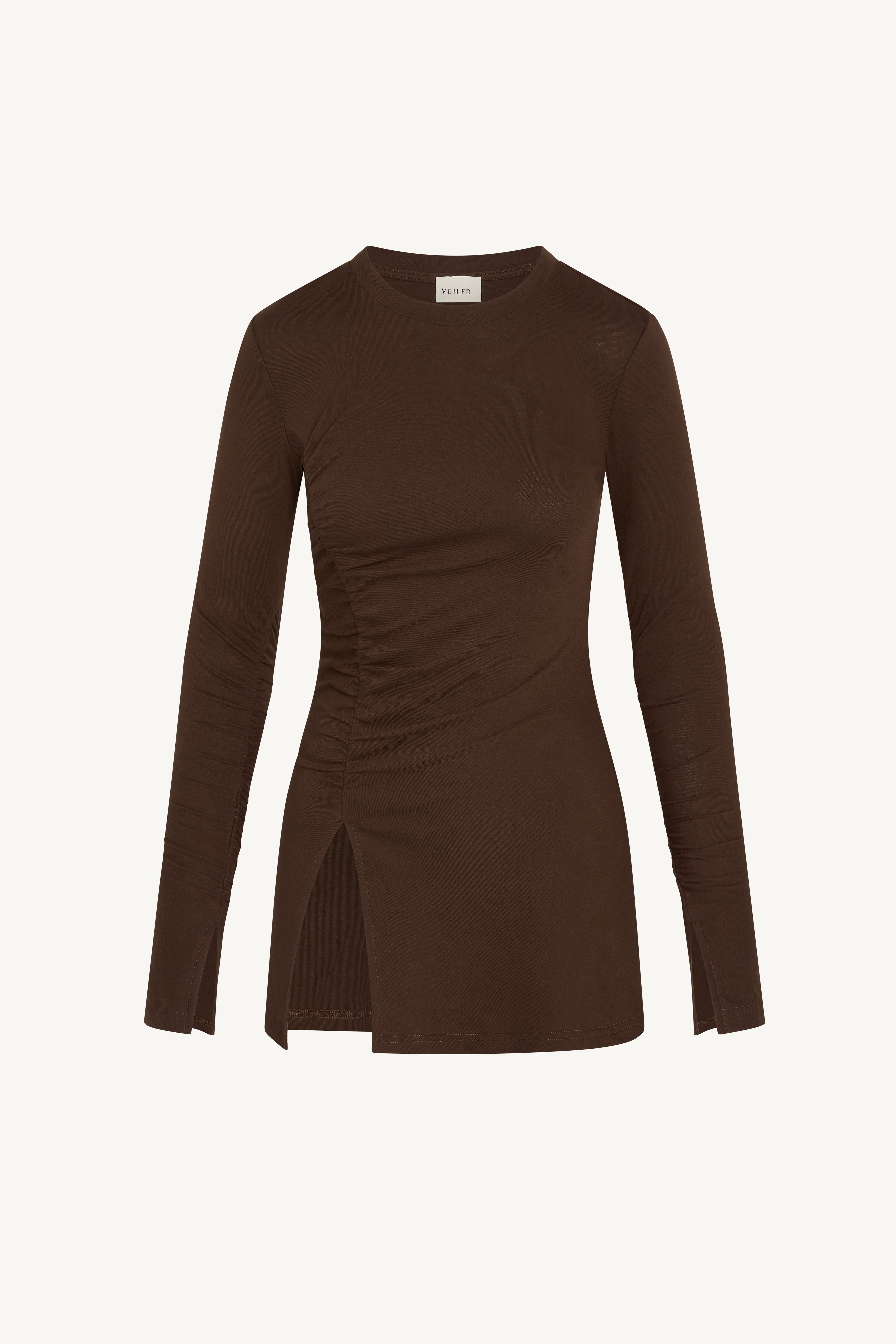 Asymmetric Side Slit Top - Dark Brown Abayas Veiled