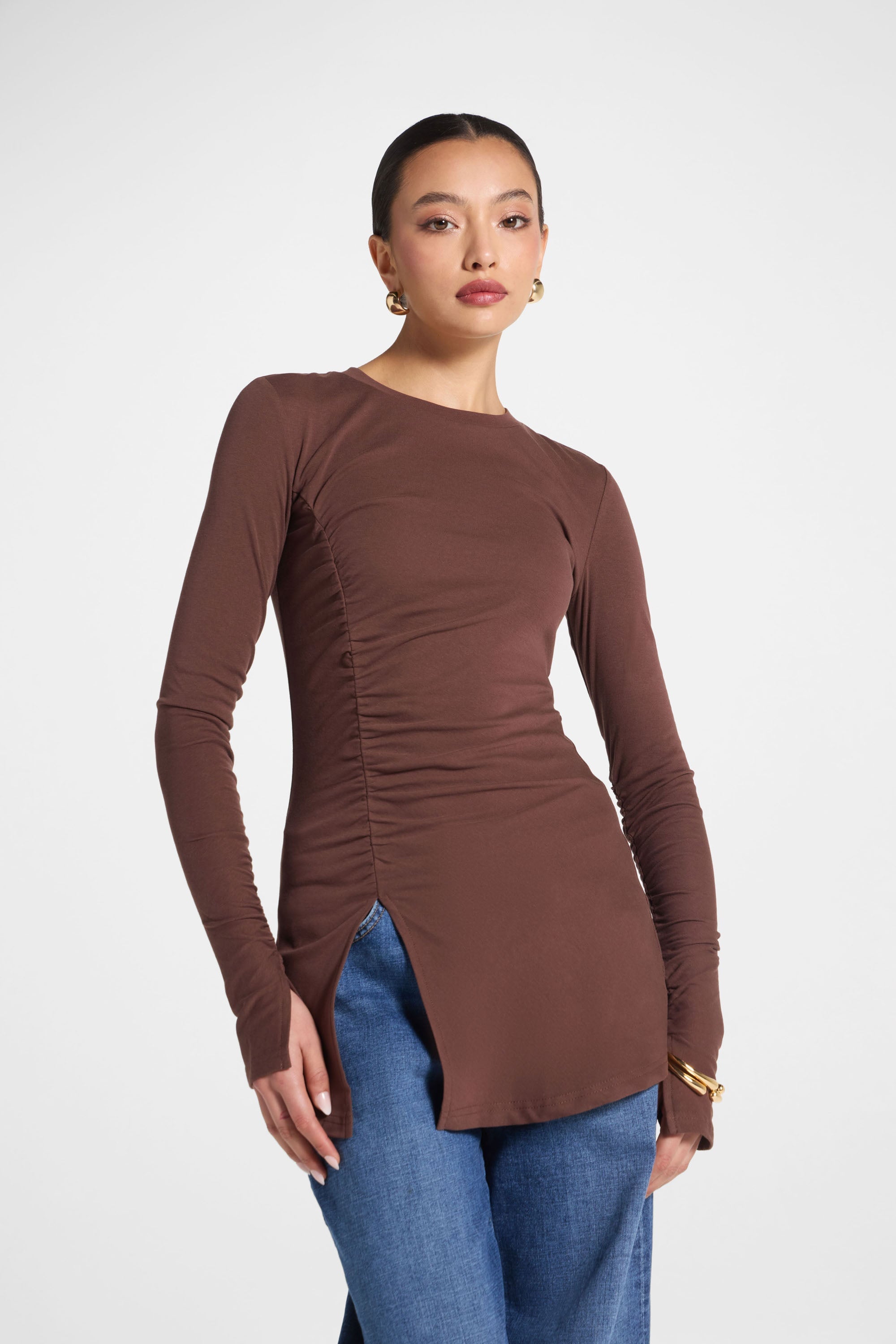 Asymmetric Side Slit Top - Dark Brown Abayas Veiled
