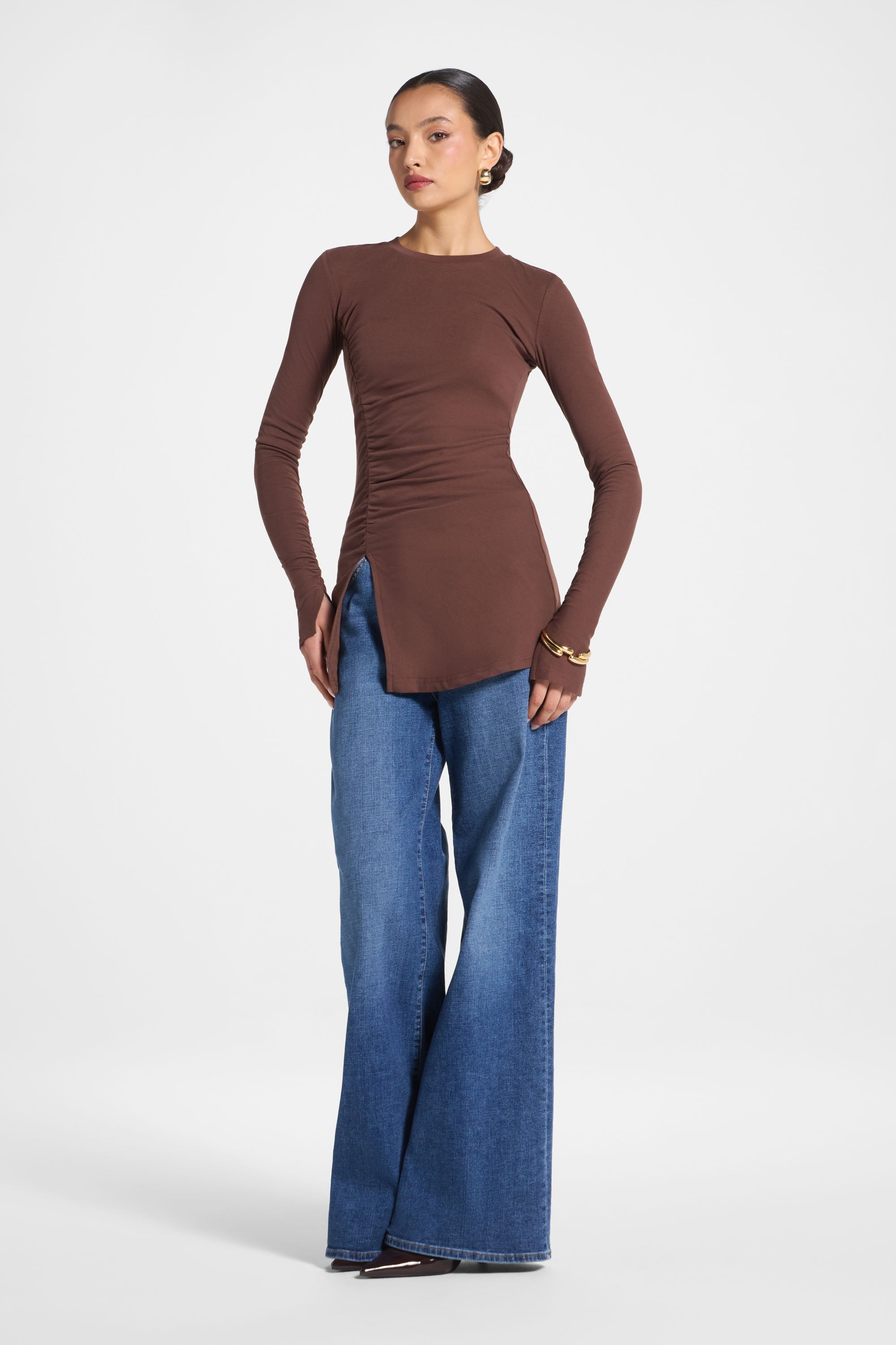 Asymmetric Side Slit Top - Dark Brown Abayas Veiled