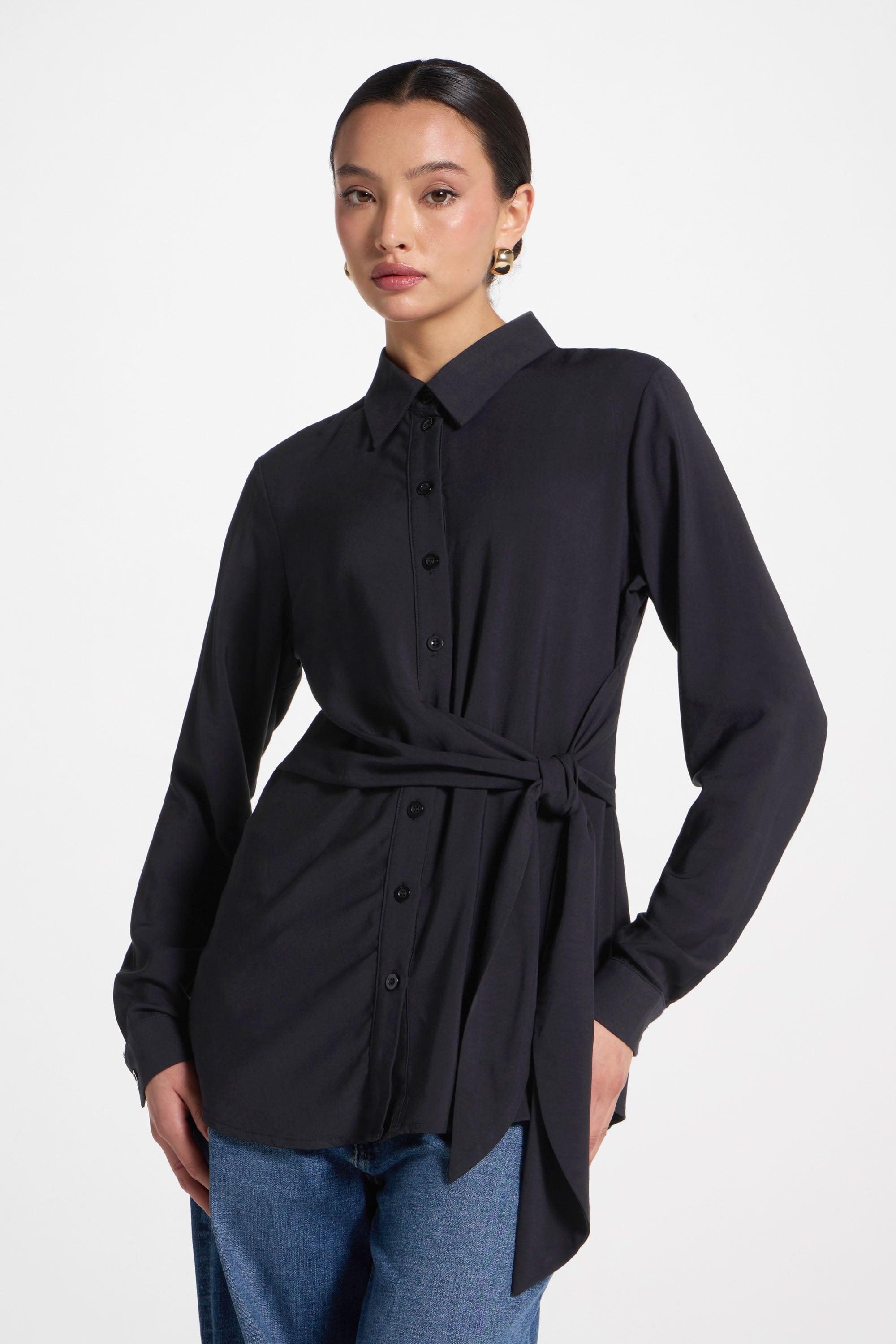 Asymmetric Side Tie Button Down Top - Black Abayas Veiled