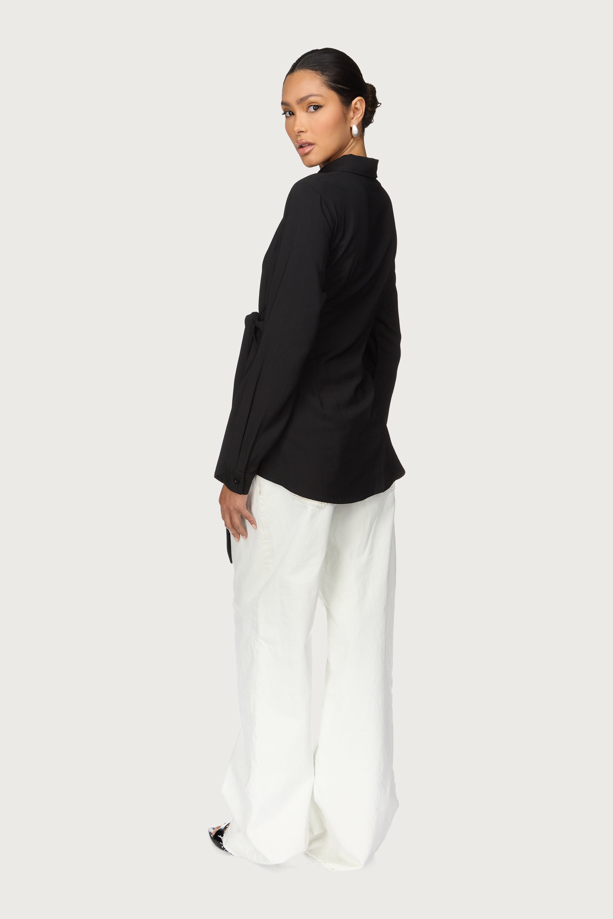 Asymmetric Side Tie Button Down Top - Black Abayas Veiled