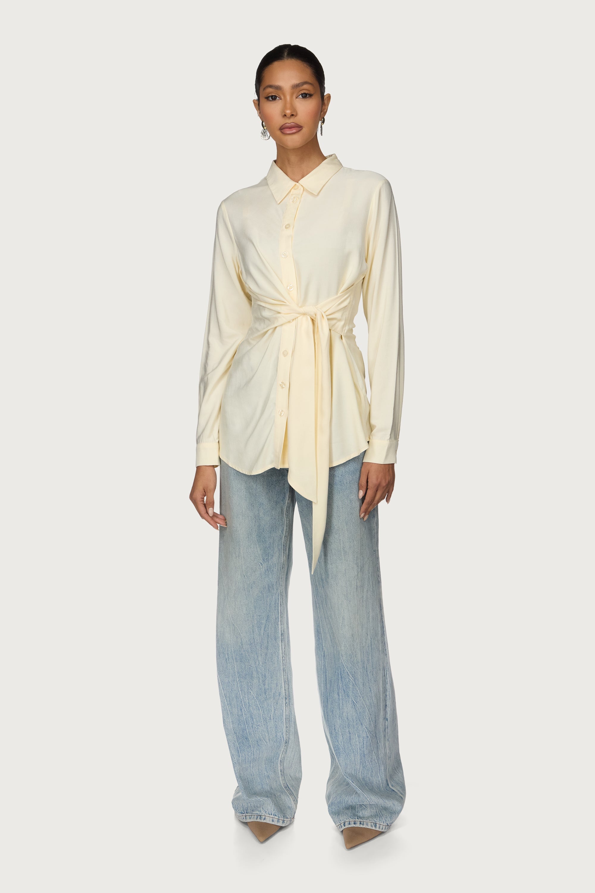 Asymmetric Side Tie Button Down Top - Bone Abayas Veiled