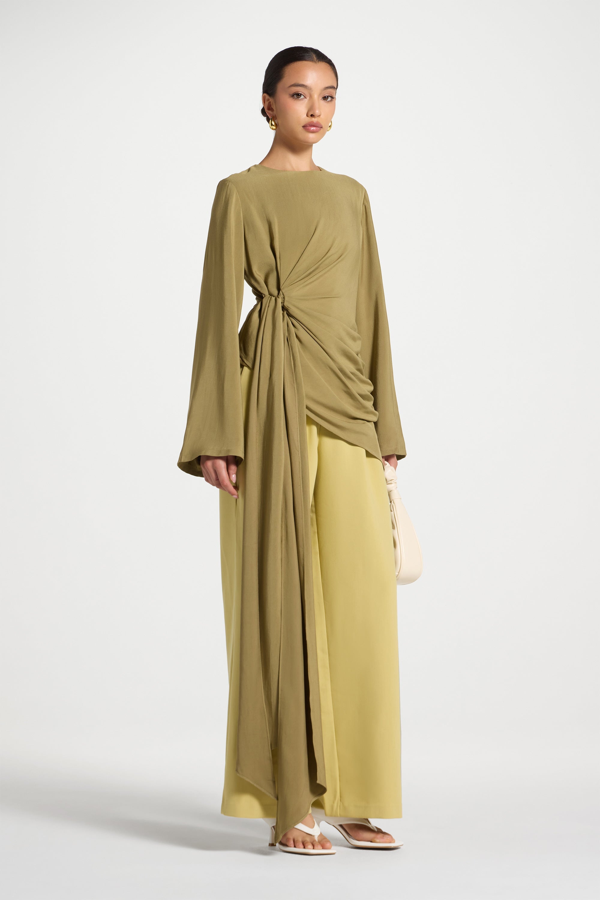 Asymmetric Side Tie Top - Olive Dresses Veiled