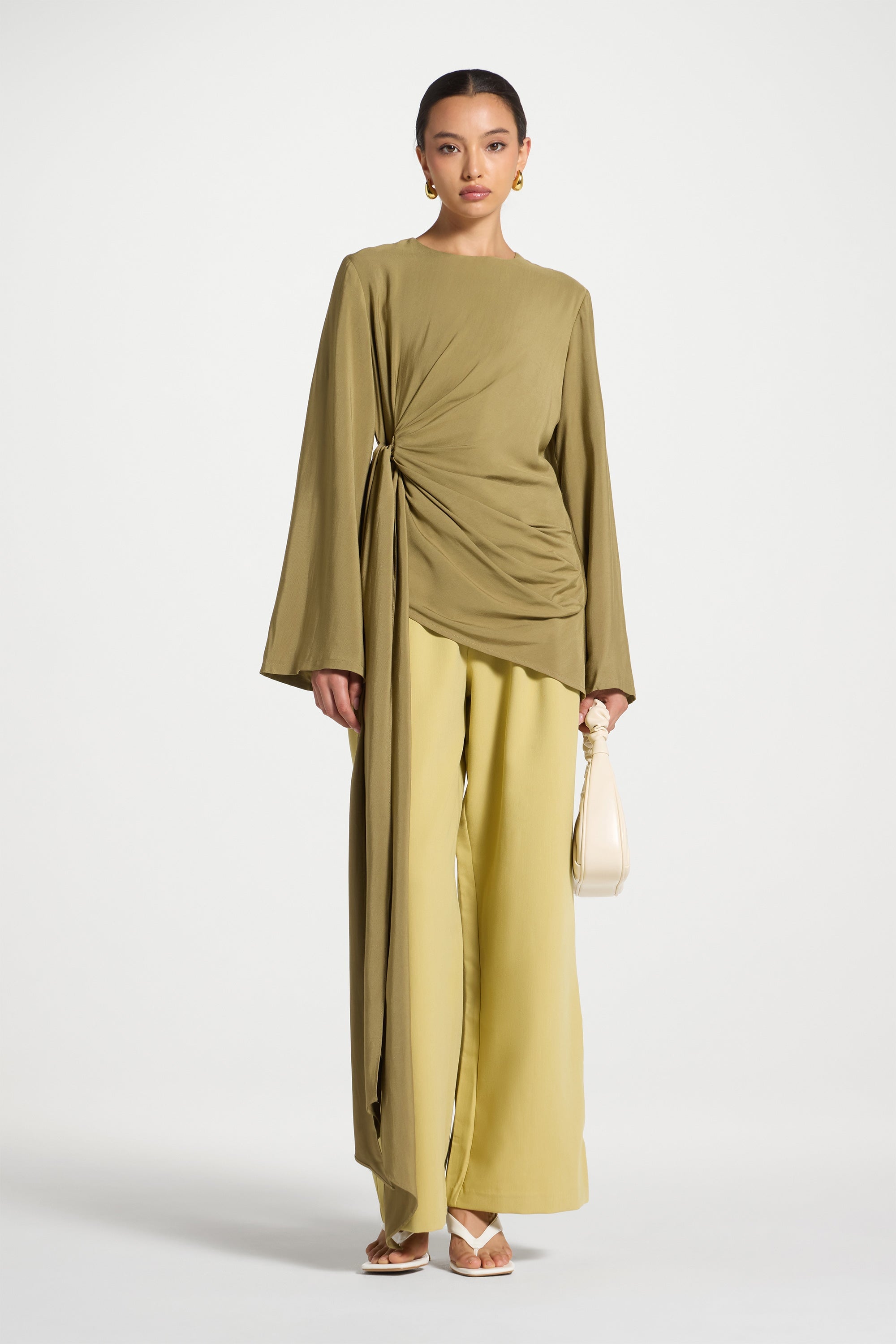 Asymmetric Side Tie Top - Olive Dresses Veiled