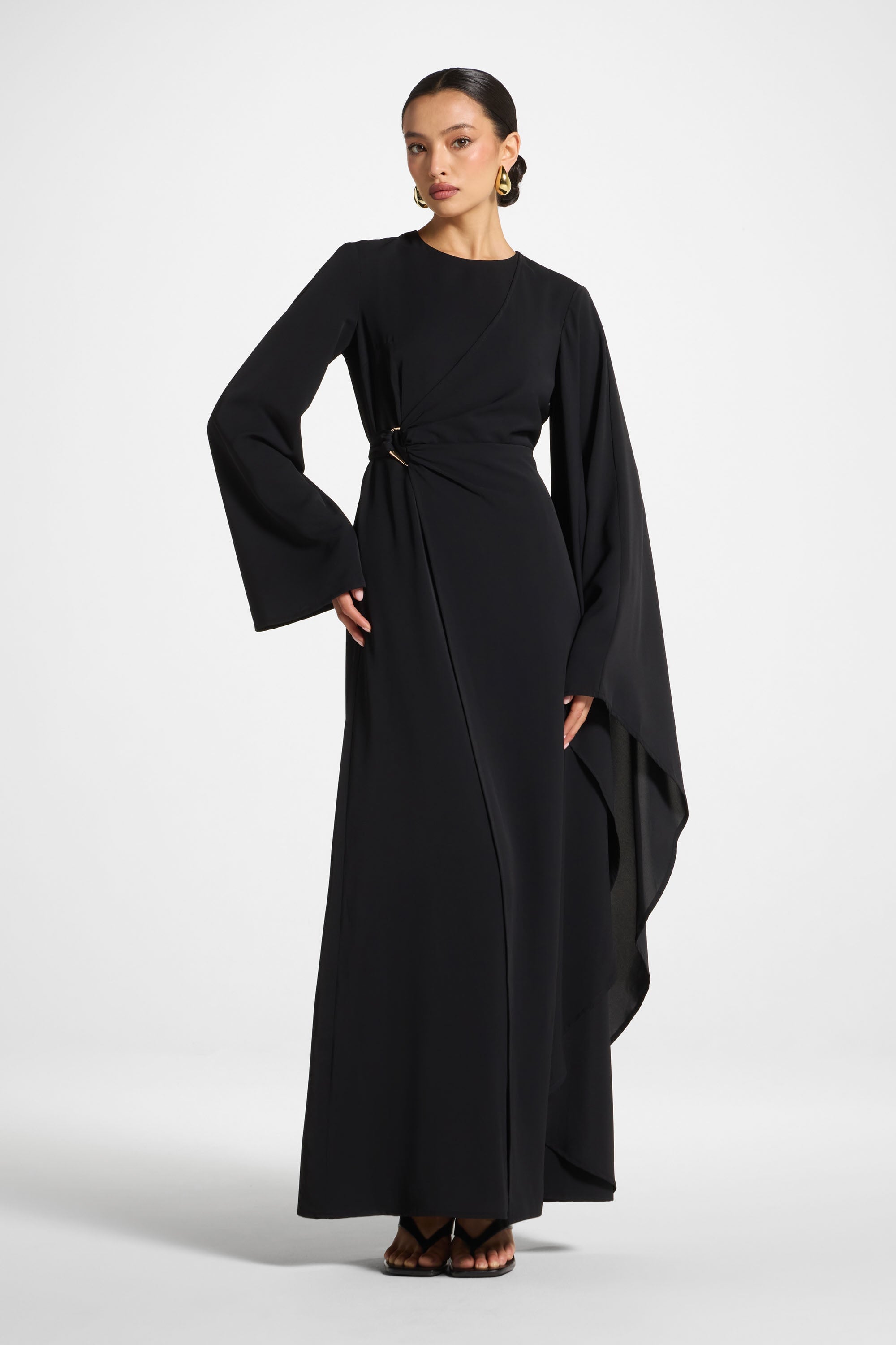 Asymmetric Sleeve Maxi Dress - Black S / 56" Asymmetric Sleeve Maxi Dress - Black S / 56"