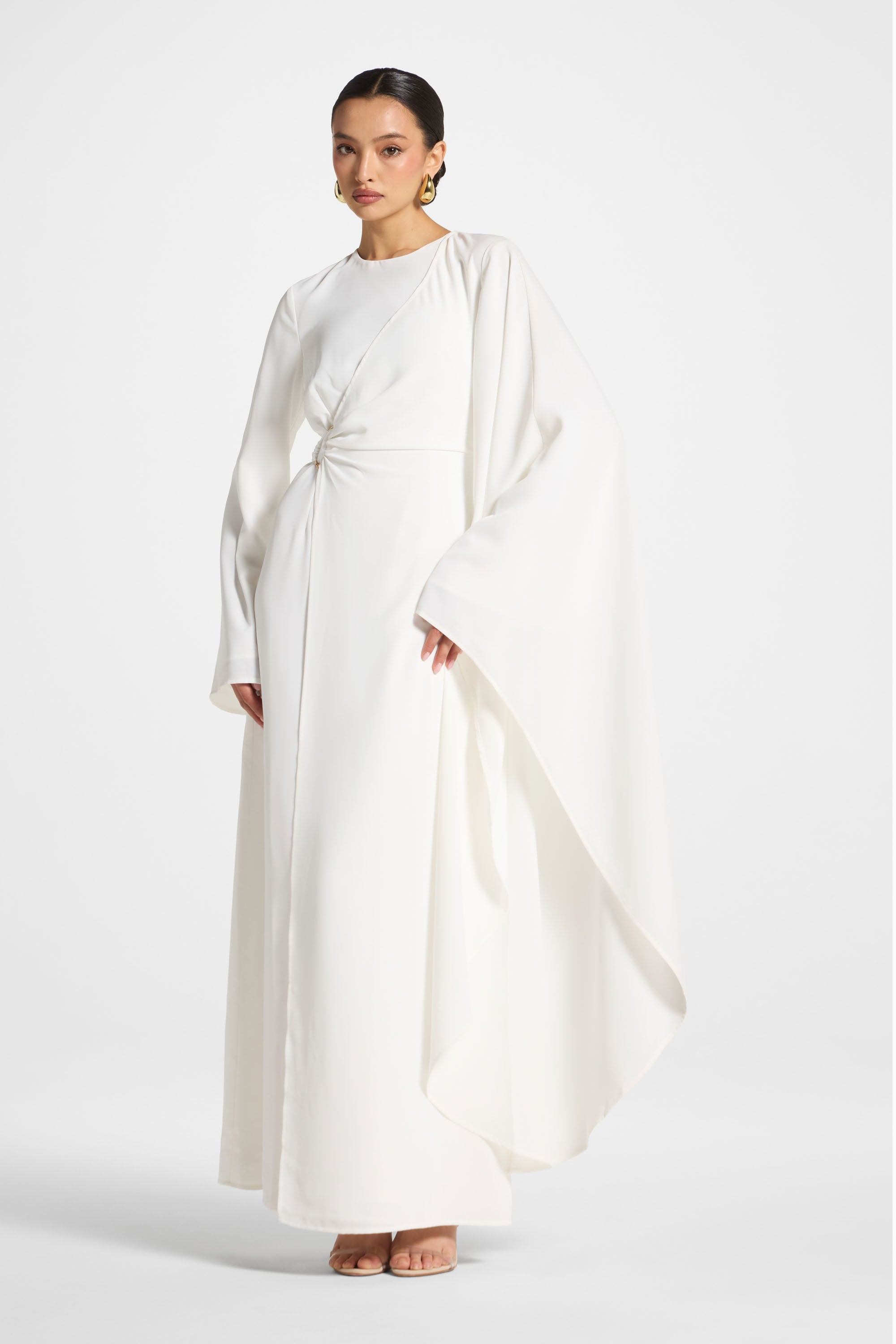 Asymmetric Sleeve Maxi Dress - White Abayas Veiled
