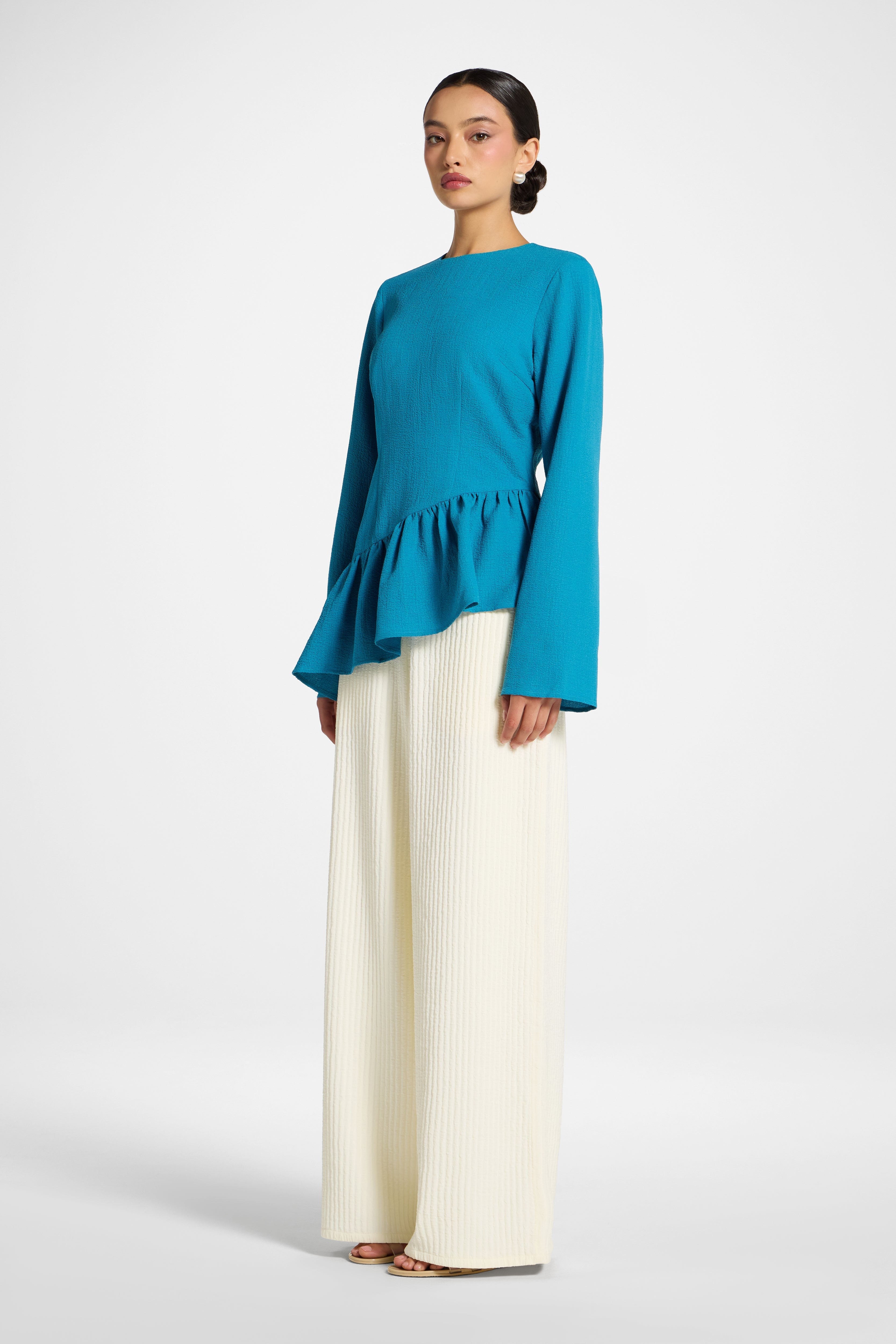 Asymmetric Textured Ruffle Top - Cerulean Abayas Veiled