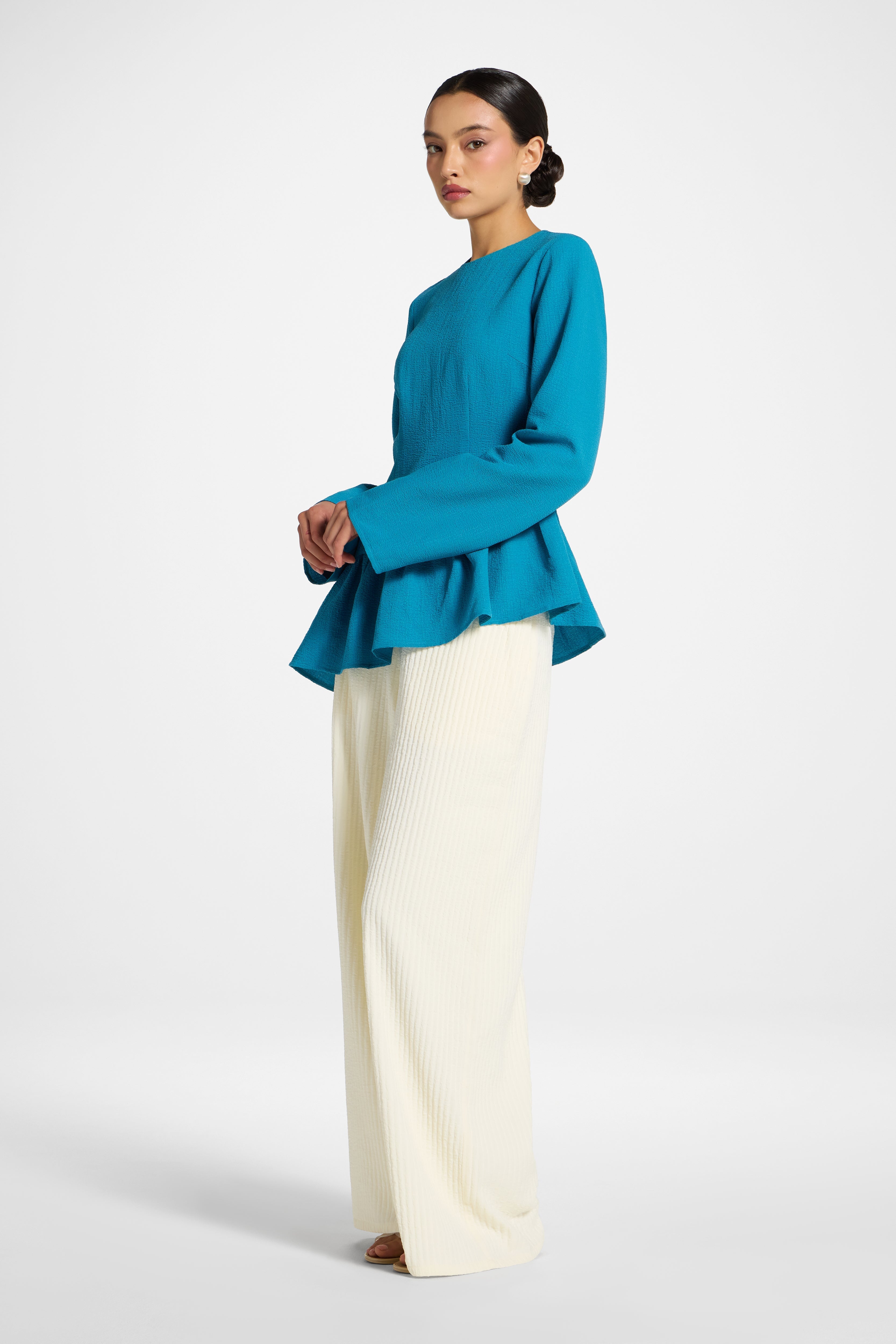 Asymmetric Textured Ruffle Top - Cerulean Abayas Veiled