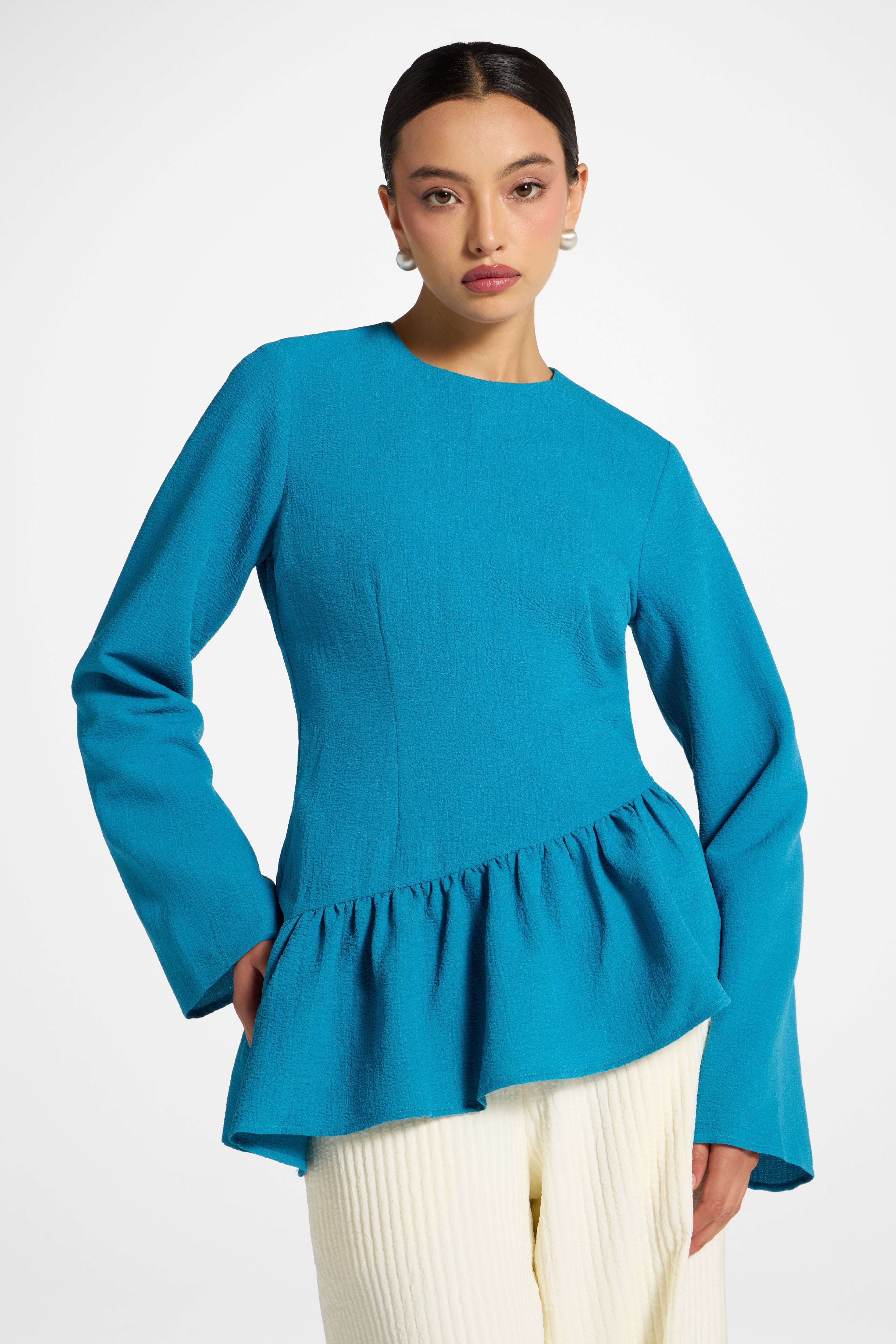 Asymmetric Textured Ruffle Top - Cerulean Abayas Veiled