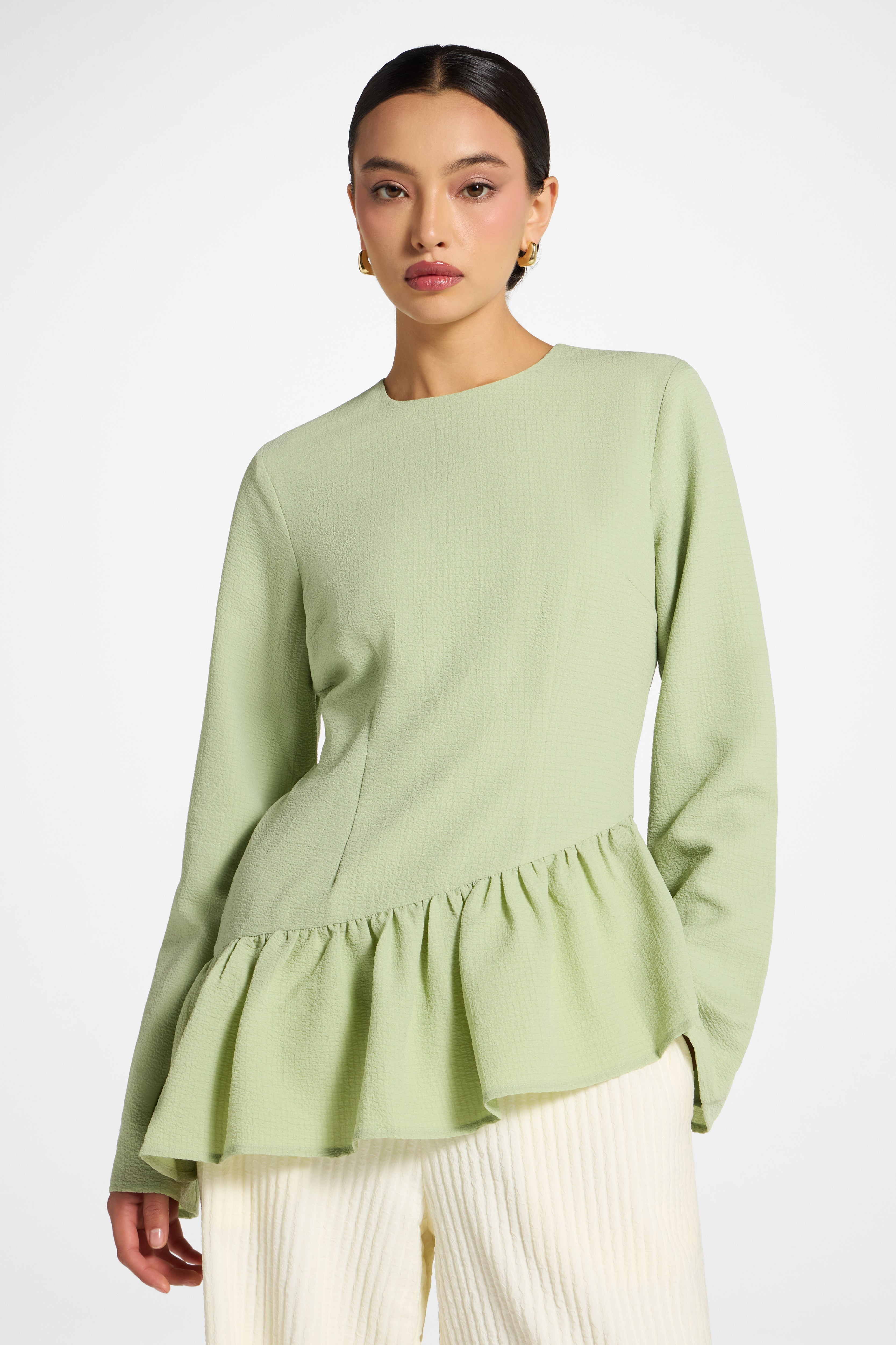 Asymmetric Textured Ruffle Top - Pistachio Abayas Veiled