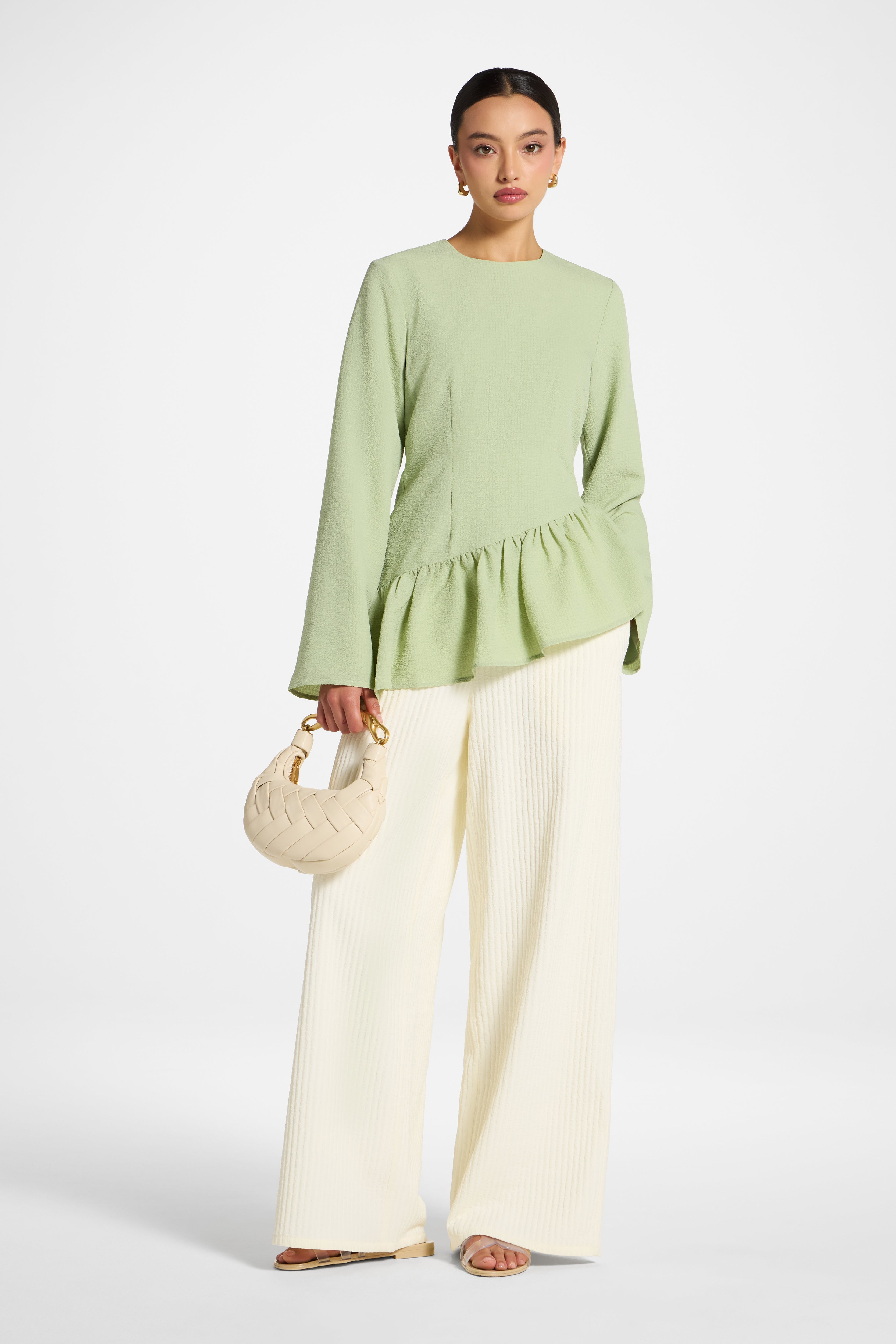 Asymmetric Textured Ruffle Top - Pistachio Abayas Veiled
