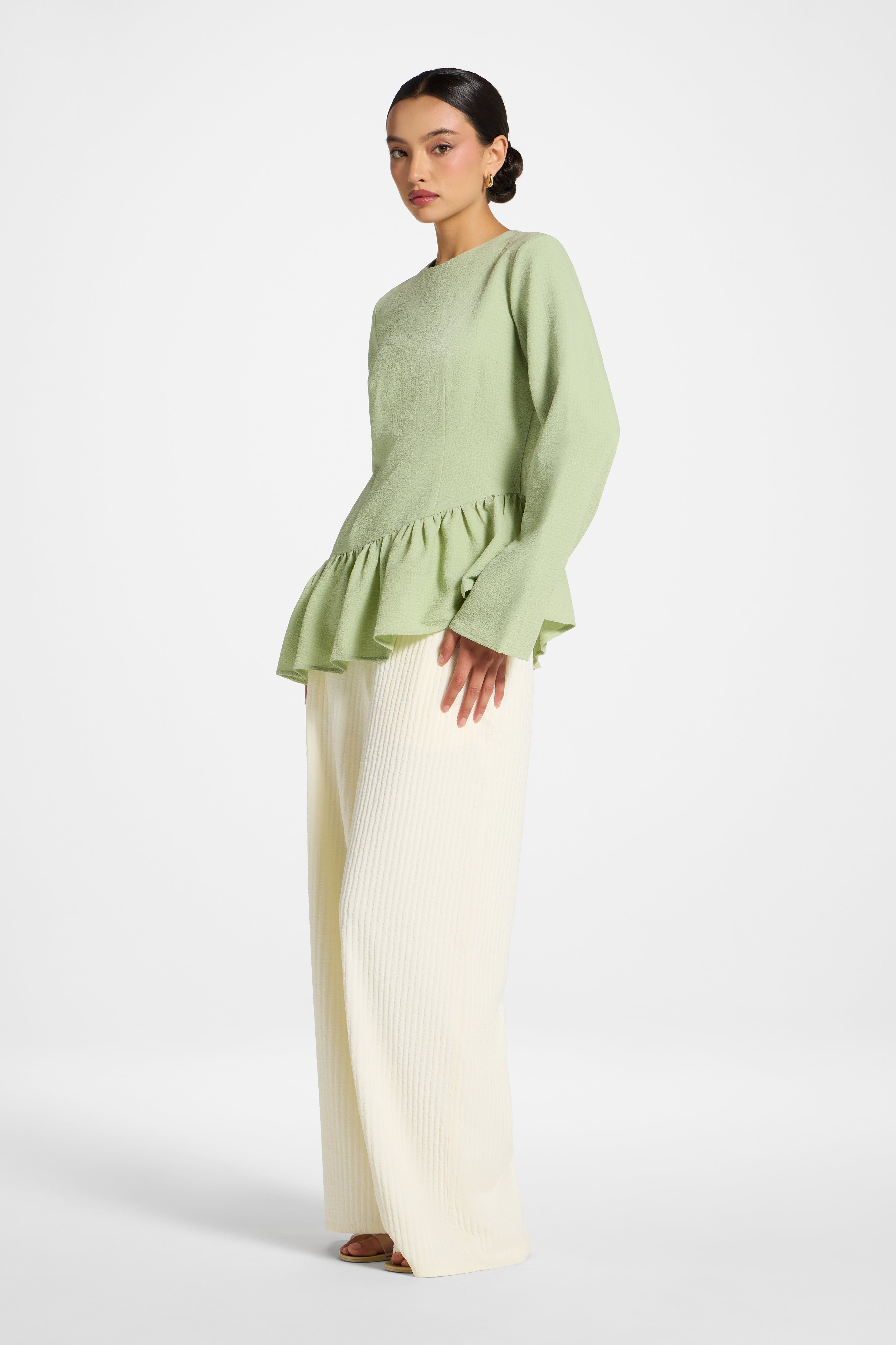 Asymmetric Textured Ruffle Top - Pistachio Abayas Veiled