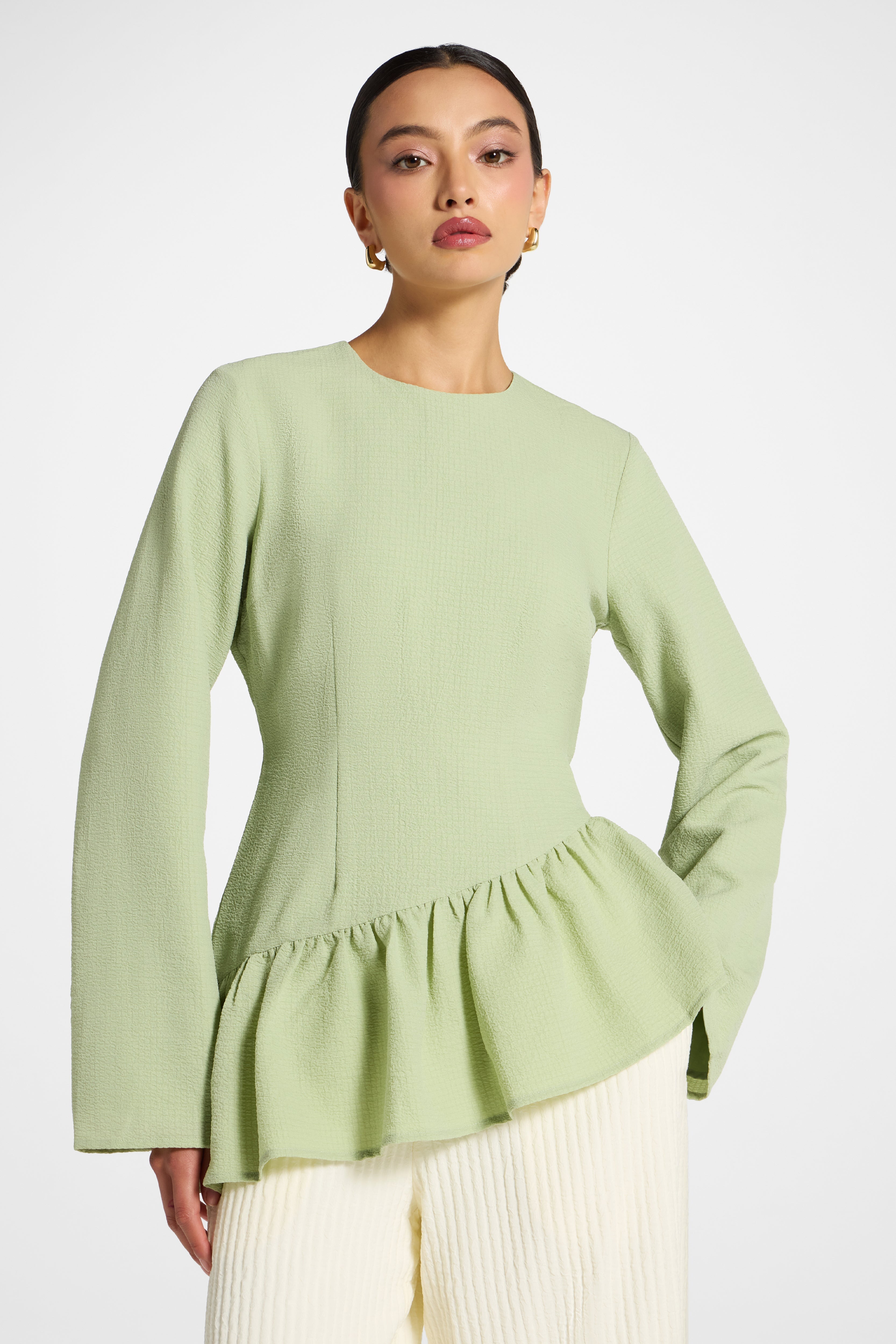 Asymmetric Textured Ruffle Top - Pistachio Abayas Veiled