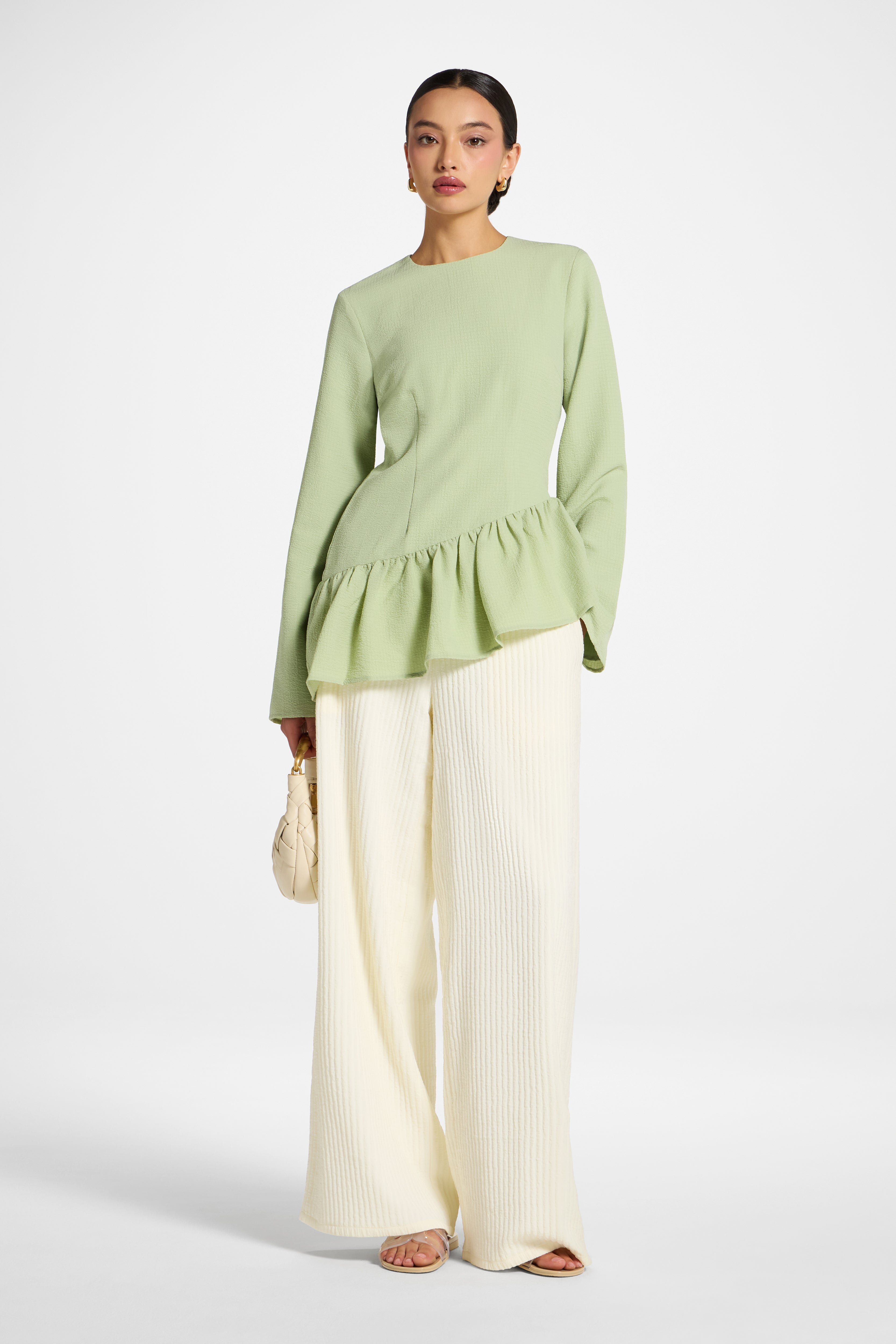 Asymmetric Textured Ruffle Top - Pistachio Abayas Veiled