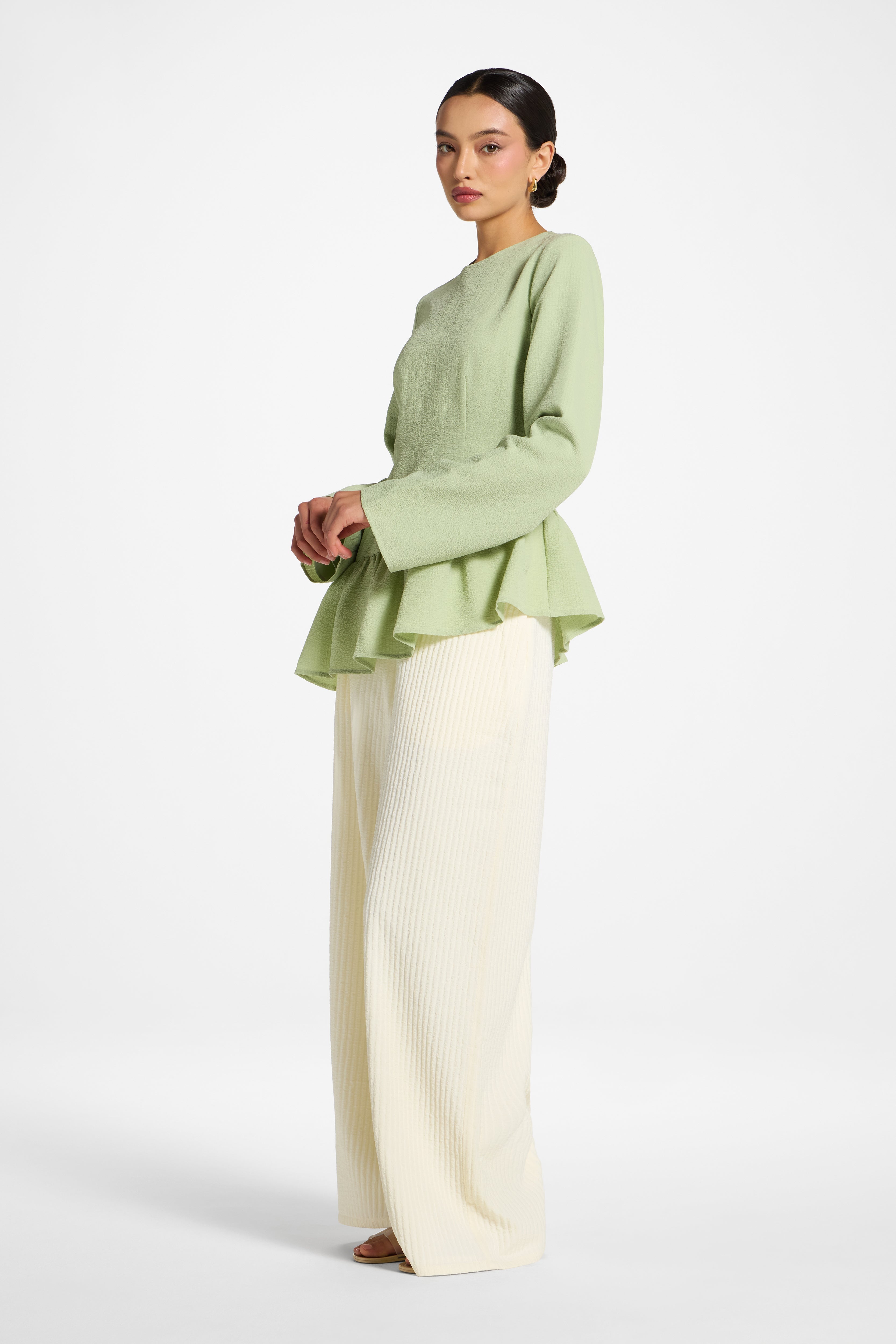 Asymmetric Textured Ruffle Top - Pistachio Abayas Veiled