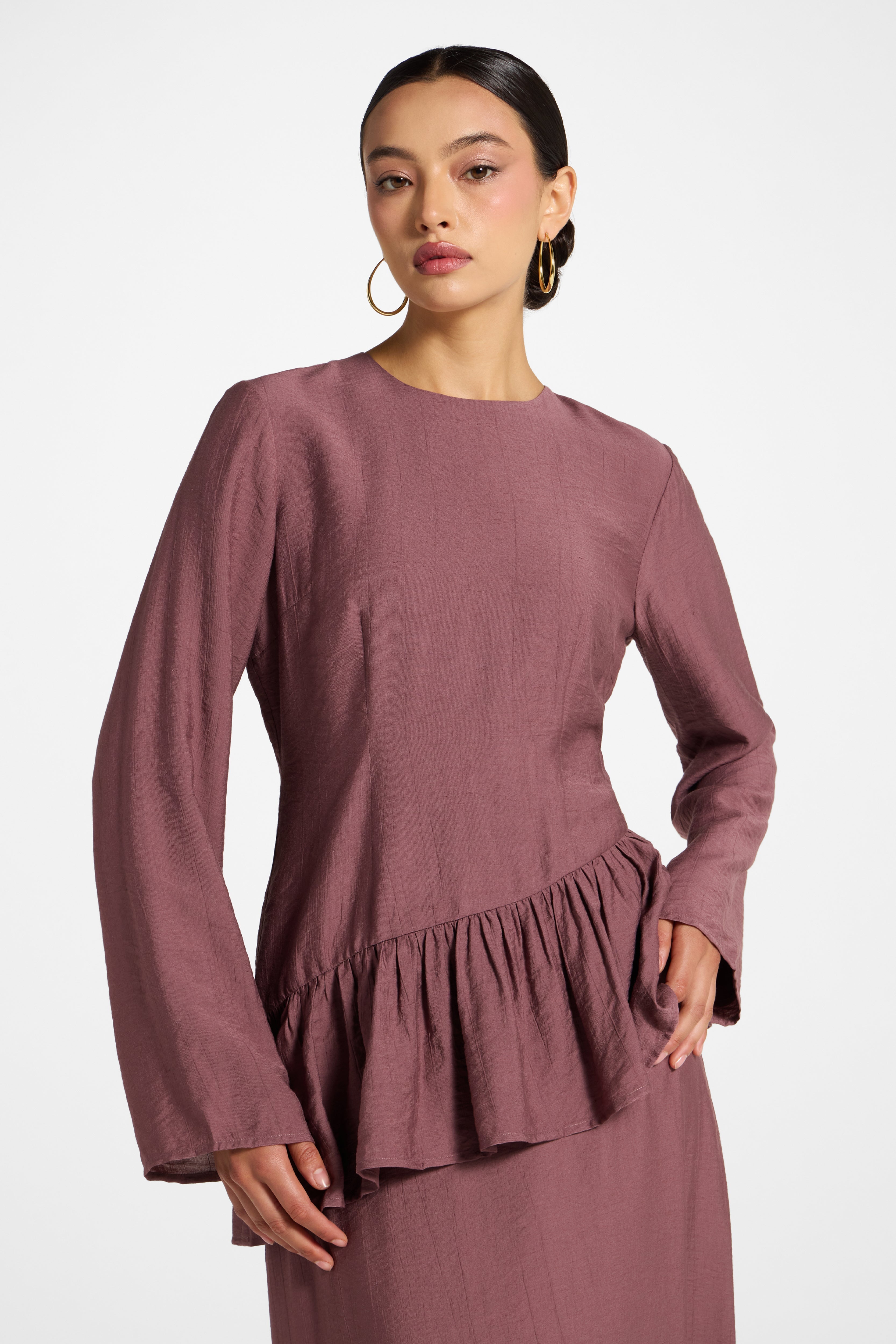 Asymmetric Textured Ruffle Top - Plum Abayas Veiled