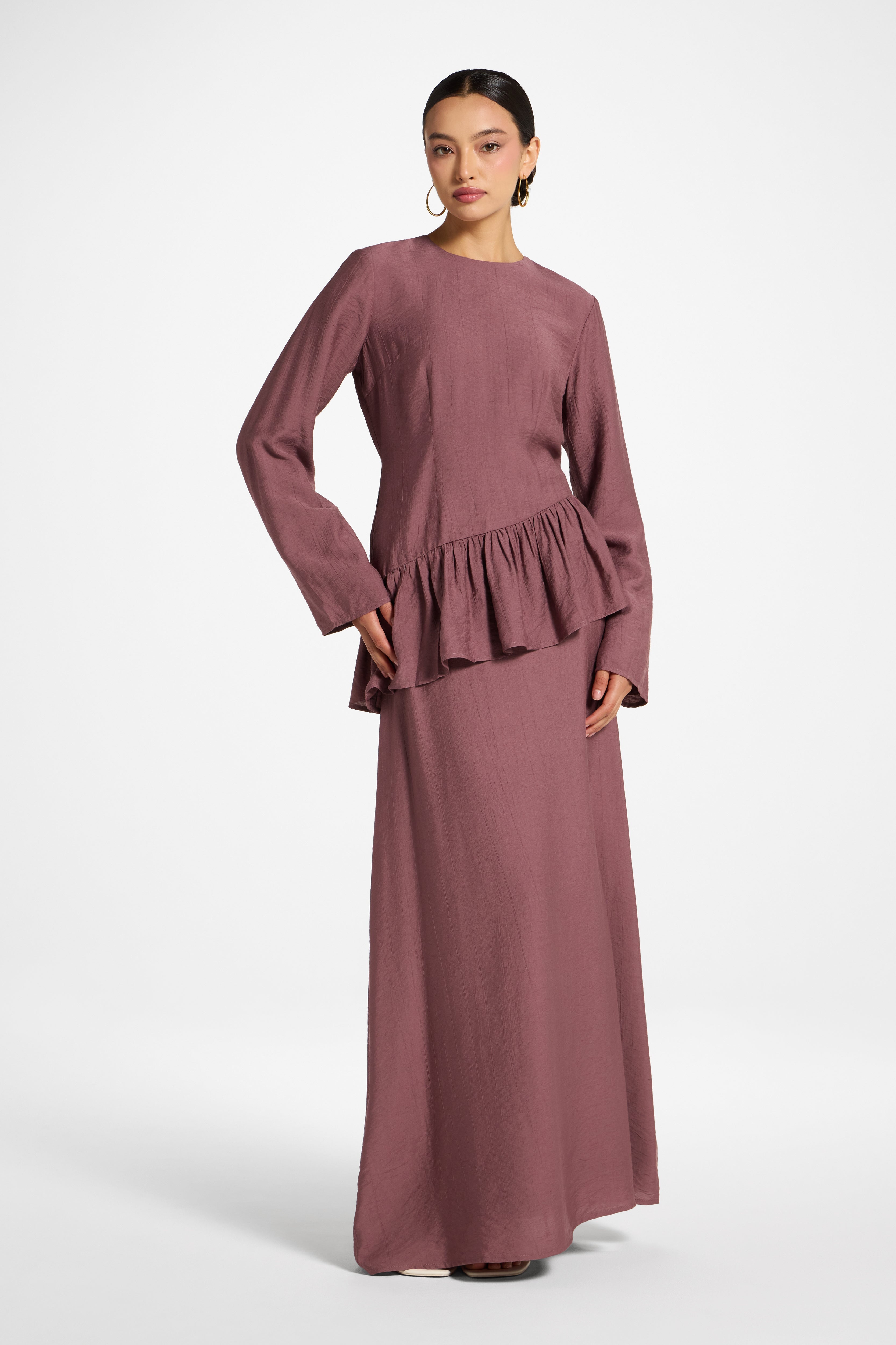 Asymmetric Textured Ruffle Top - Plum Abayas Veiled