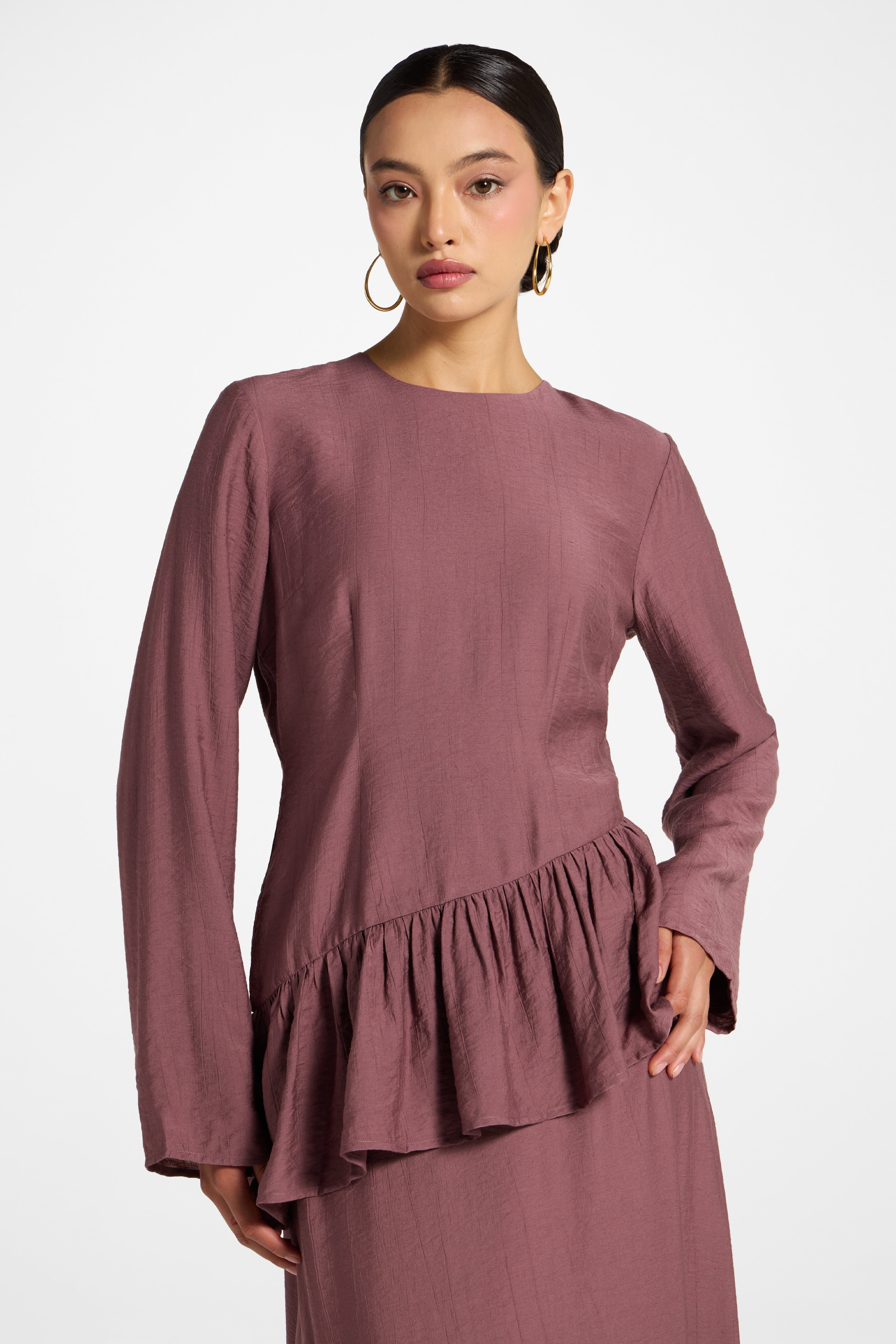 Asymmetric Textured Ruffle Top - Plum Abayas Veiled
