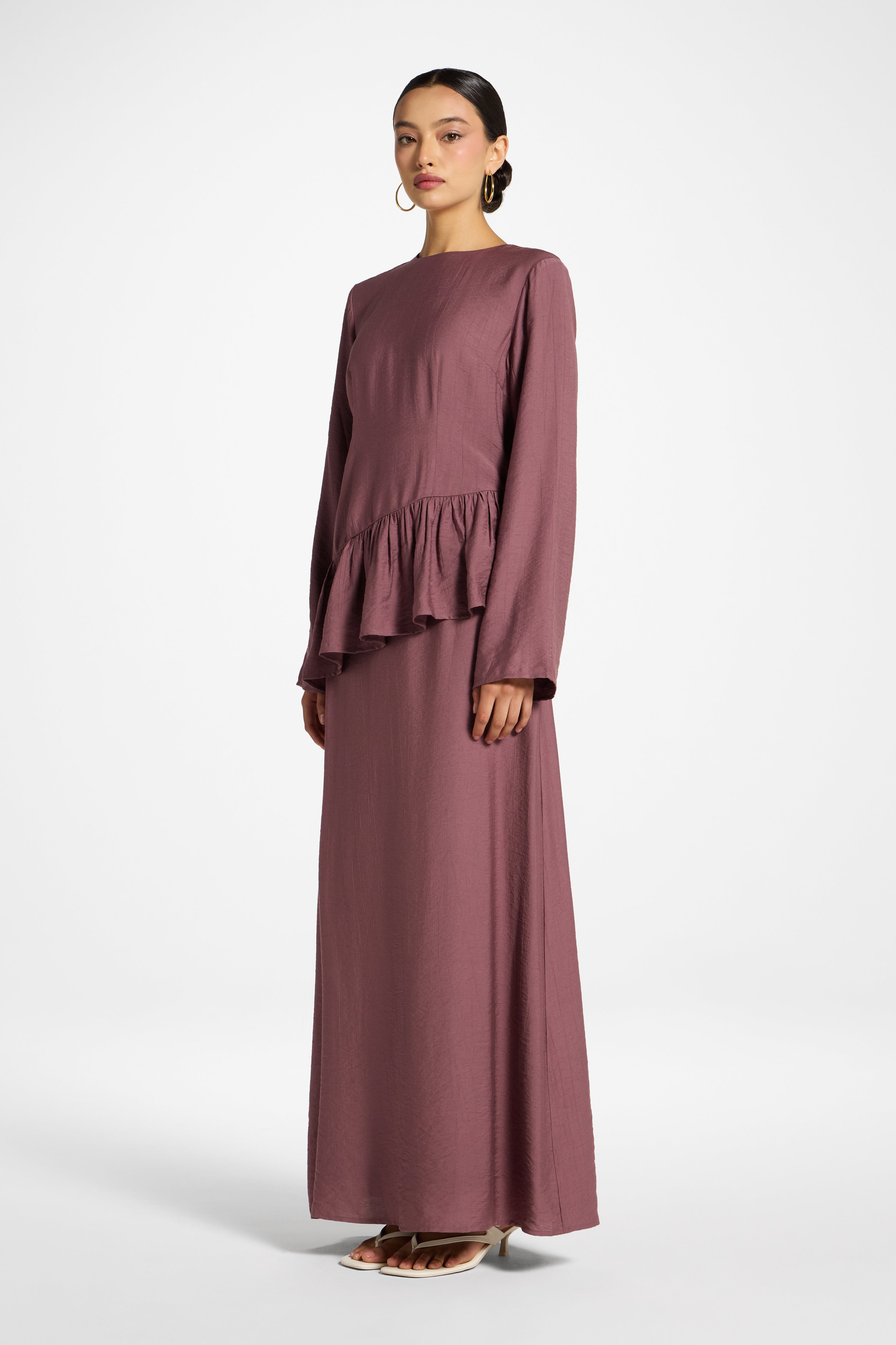 Asymmetric Textured Ruffle Top - Plum Abayas Veiled