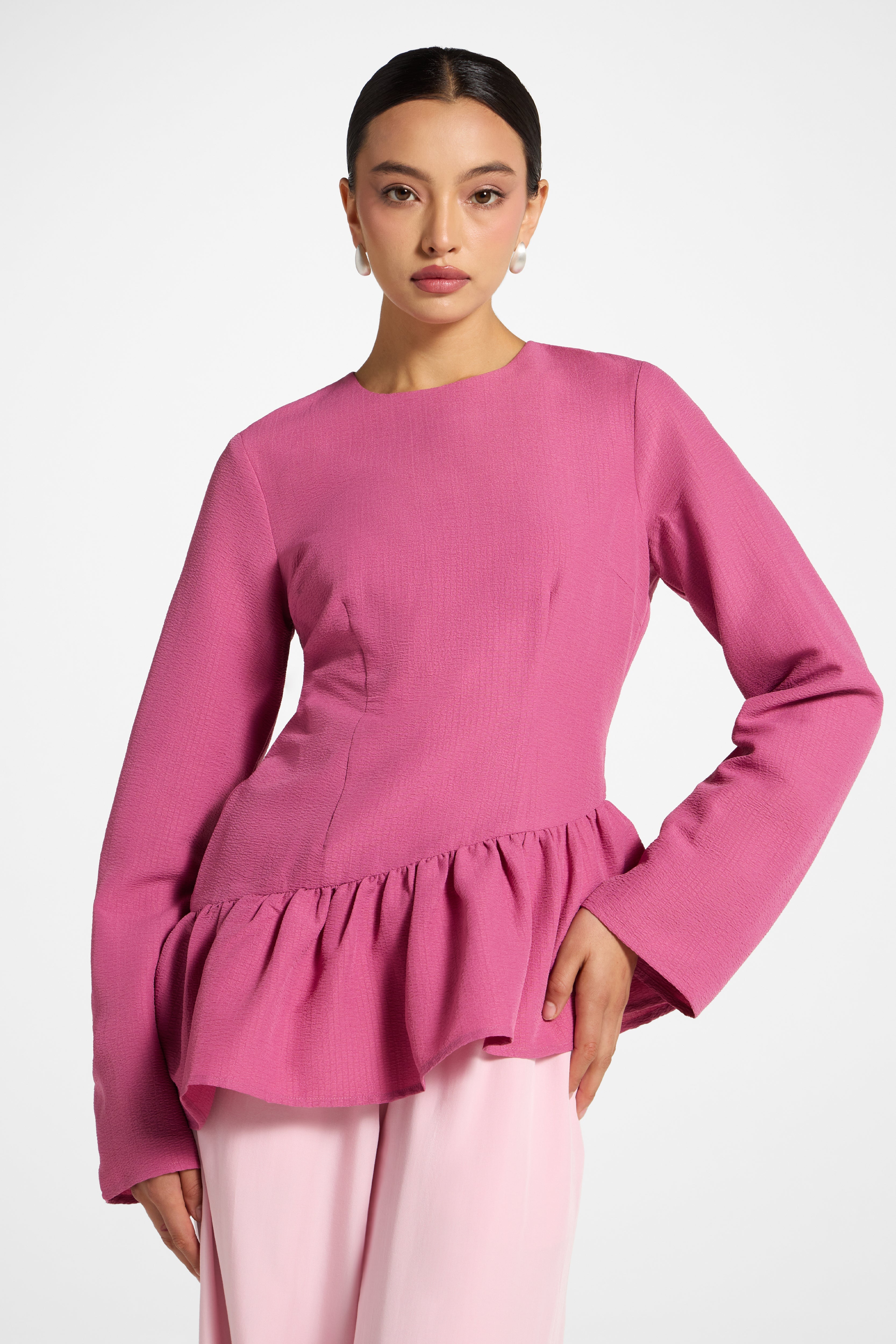 Asymmetric Textured Ruffle Top - Vintage Rose Abayas Veiled