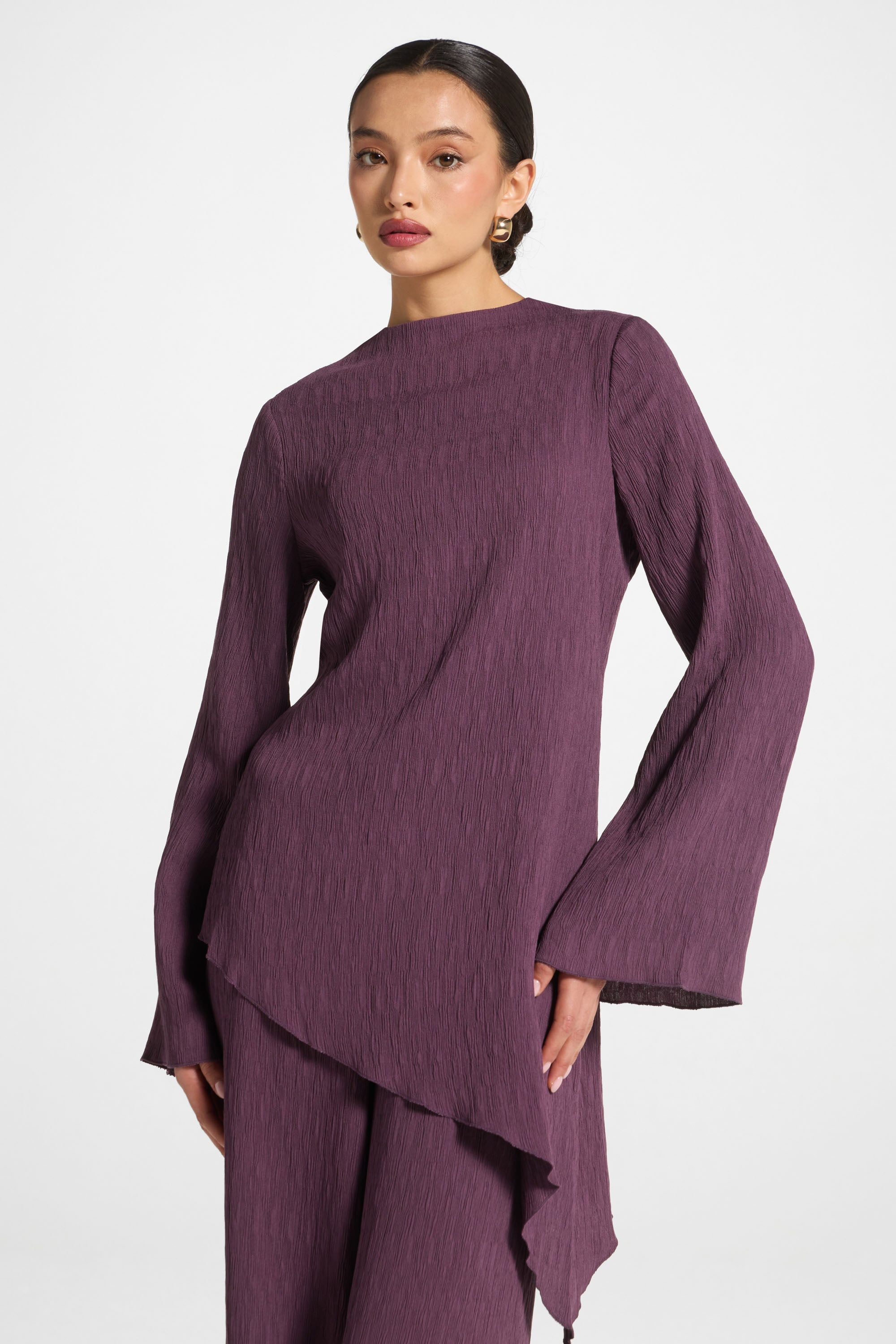 Asymmetric Textured Top - Plum Abayas Veiled