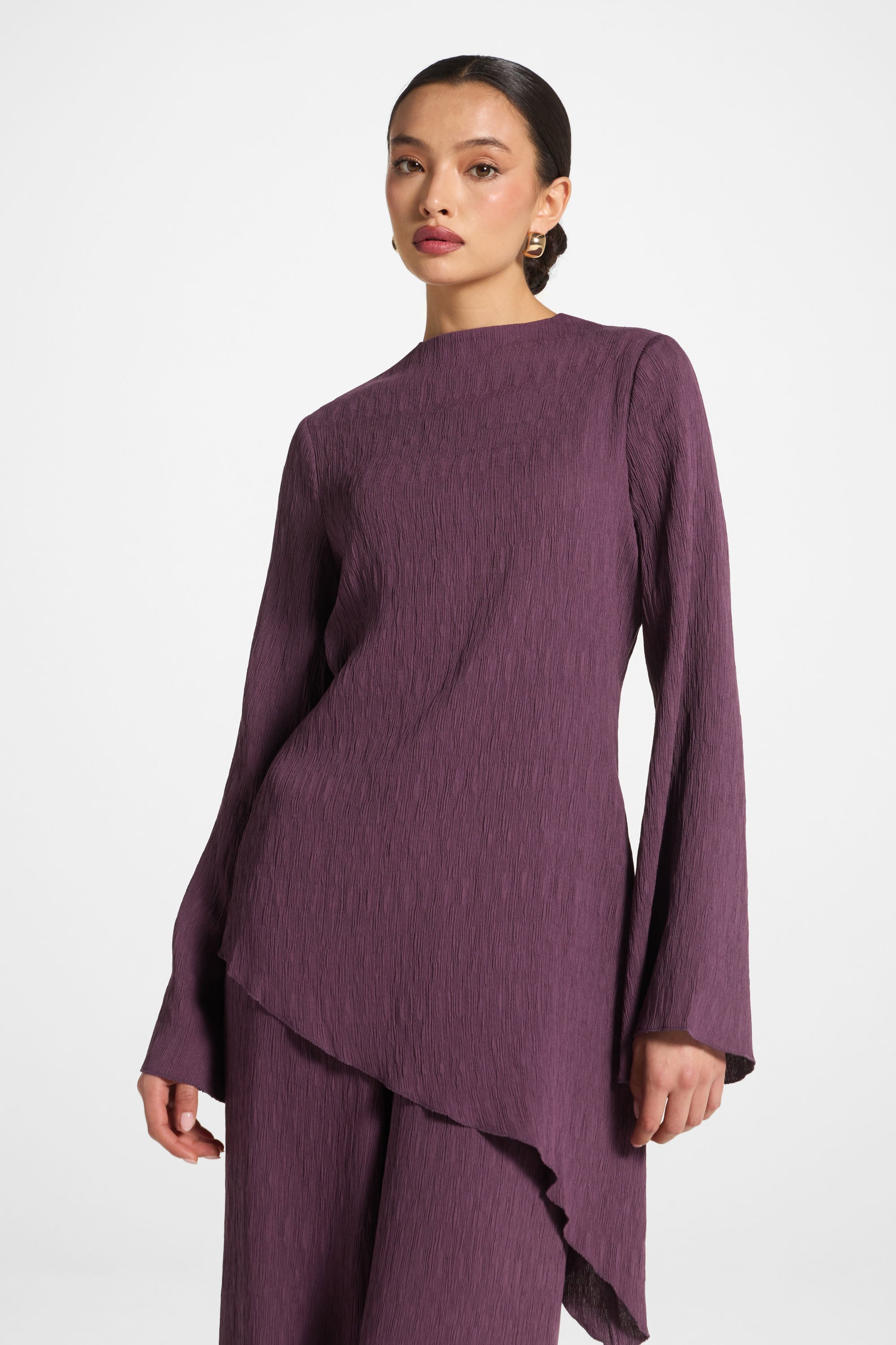 Asymmetric Textured Top - Plum Abayas Veiled