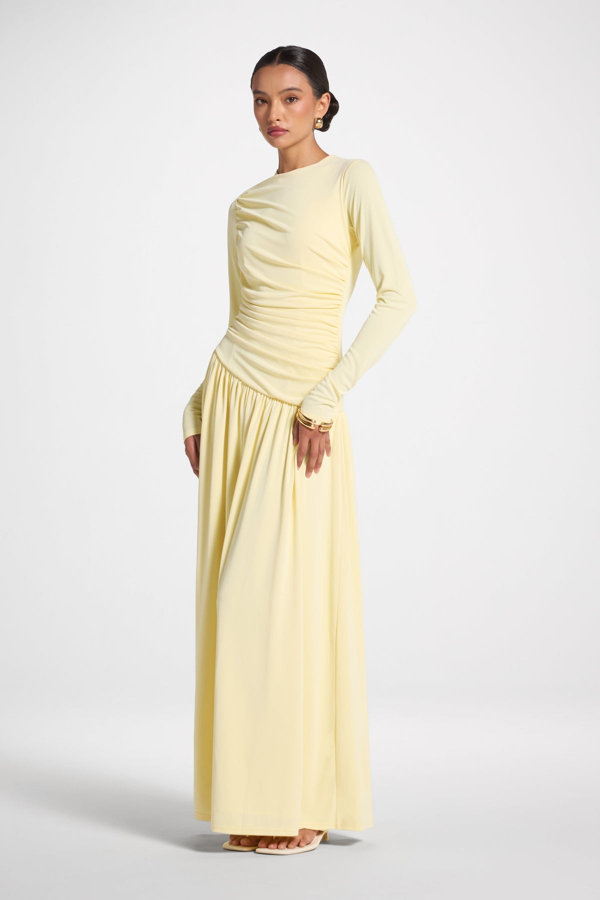 Asymmetrical Waist Rouched Maxi Dress - Anise Flower Abayas Veiled