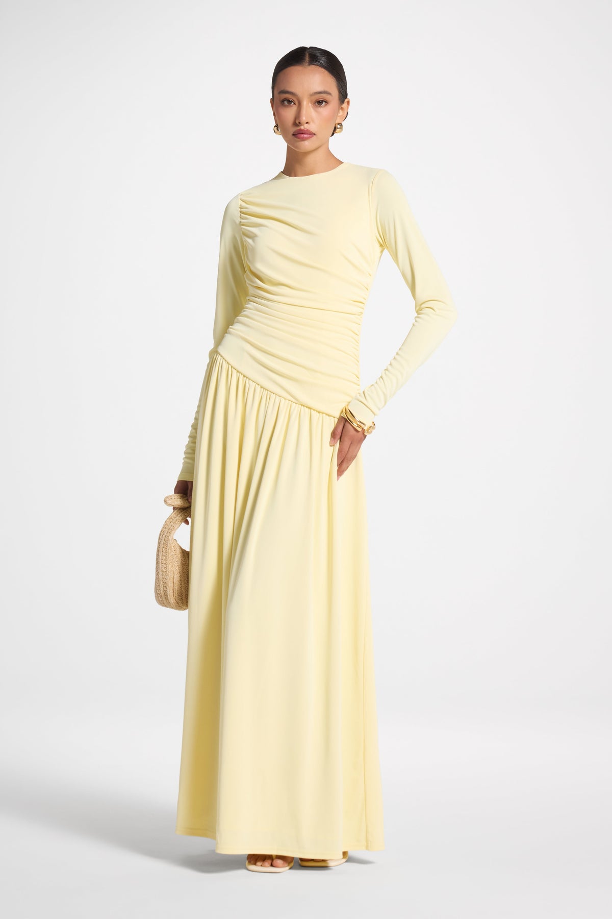 Asymmetrical Waist Rouched Maxi Dress - Anise Flower Abayas Veiled