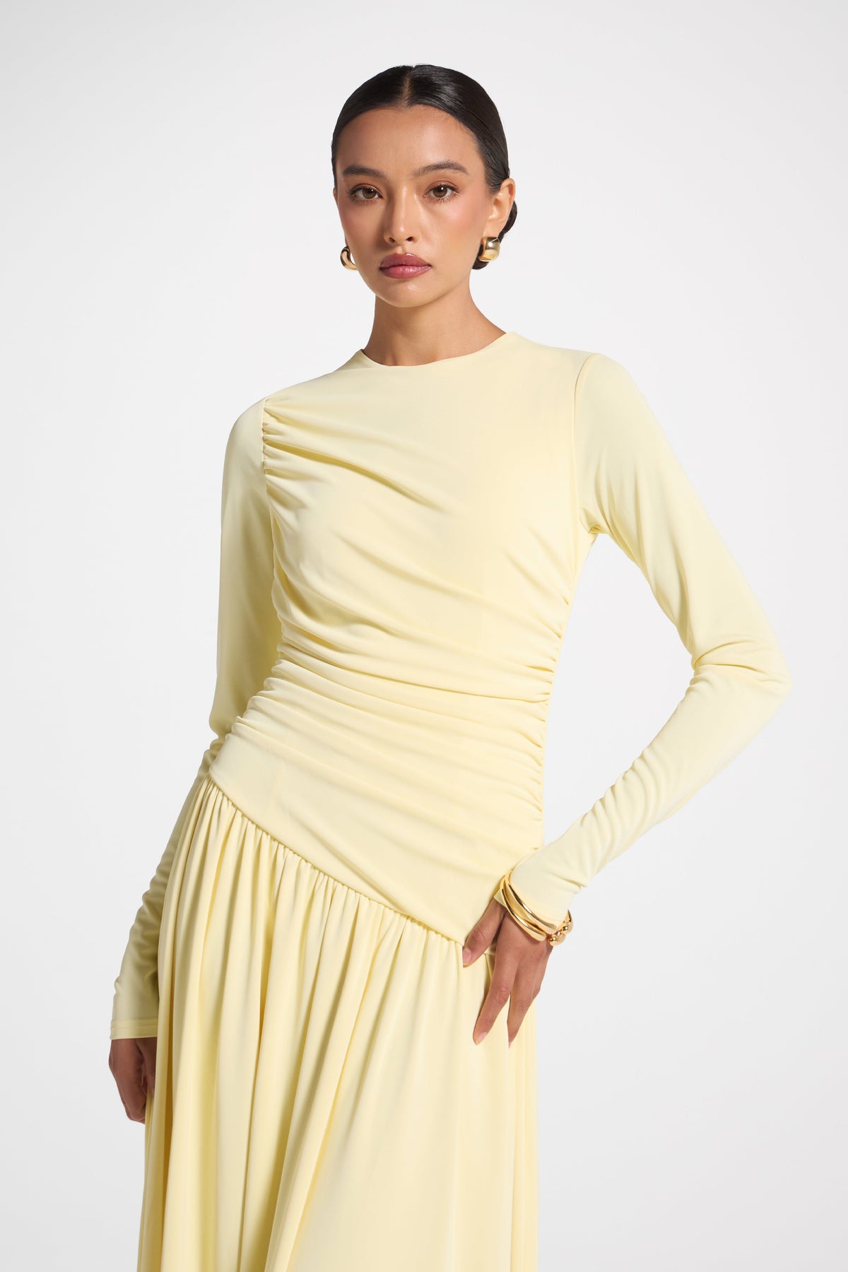Asymmetrical Waist Rouched Maxi Dress - Anise Flower Abayas Veiled