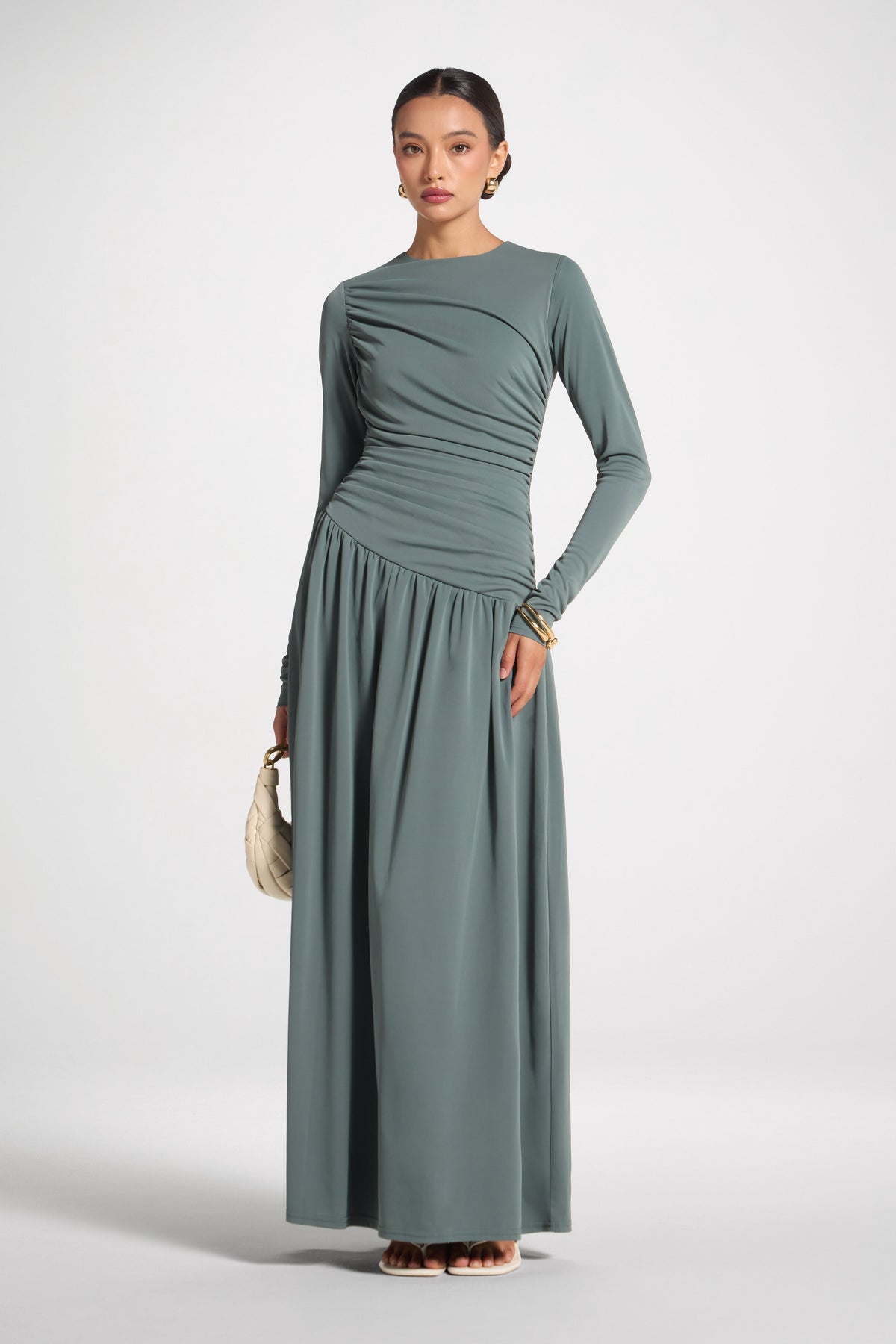 Asymmetrical Waist Rouched Maxi Dress - Balsam Green Abayas Veiled