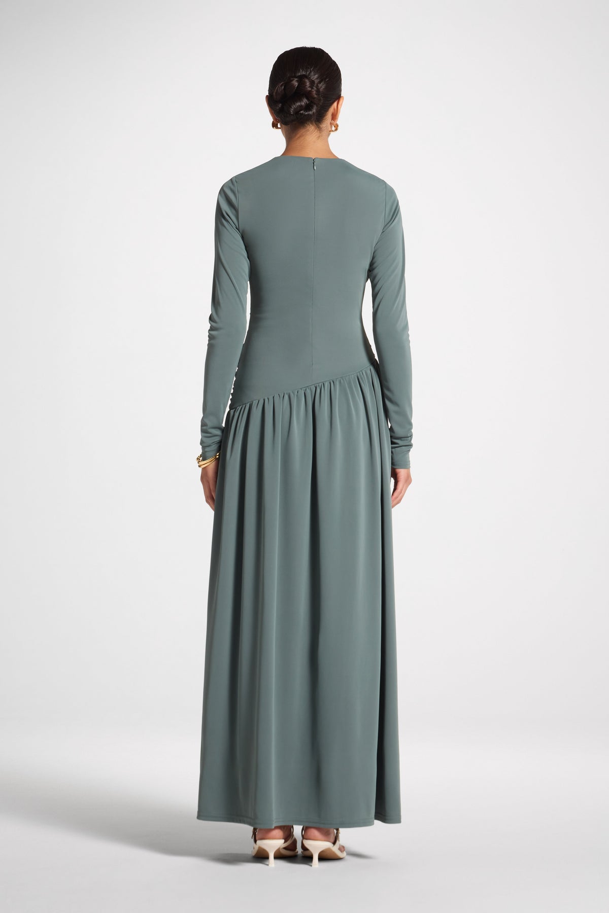 Asymmetrical Waist Rouched Maxi Dress - Balsam Green Abayas Veiled