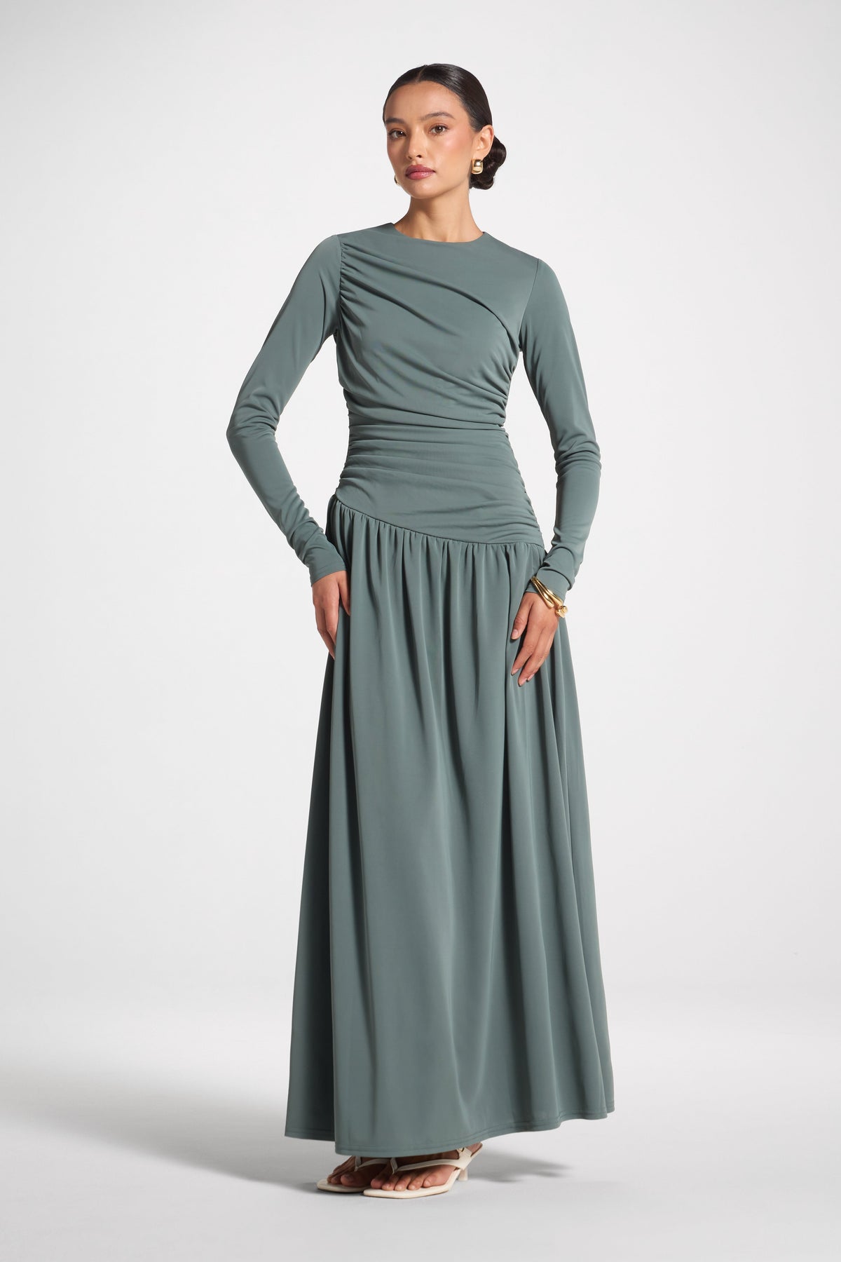 Asymmetrical Waist Rouched Maxi Dress - Balsam Green Abayas Veiled