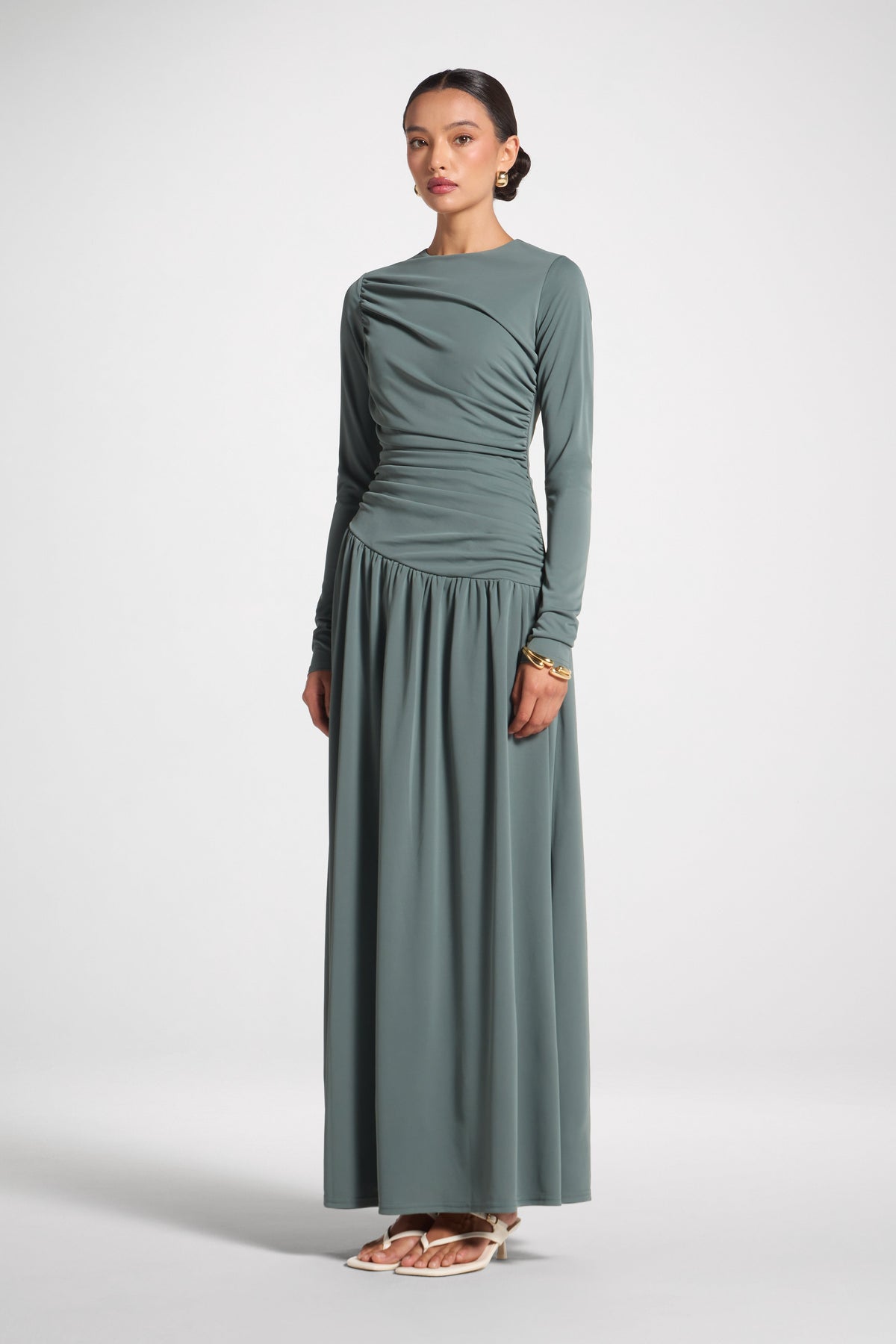 Asymmetrical Waist Rouched Maxi Dress - Balsam Green Abayas Veiled