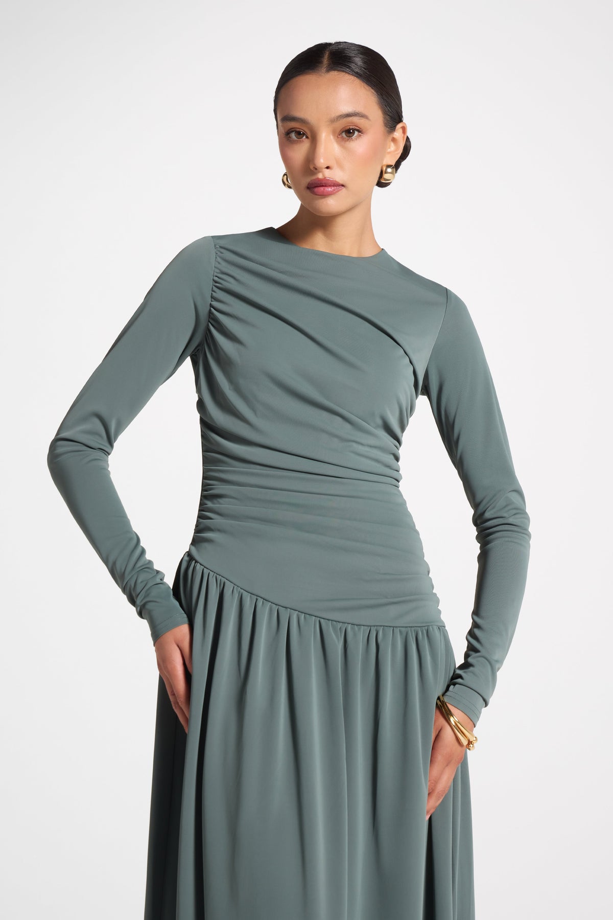 Asymmetrical Waist Rouched Maxi Dress - Balsam Green Abayas Veiled