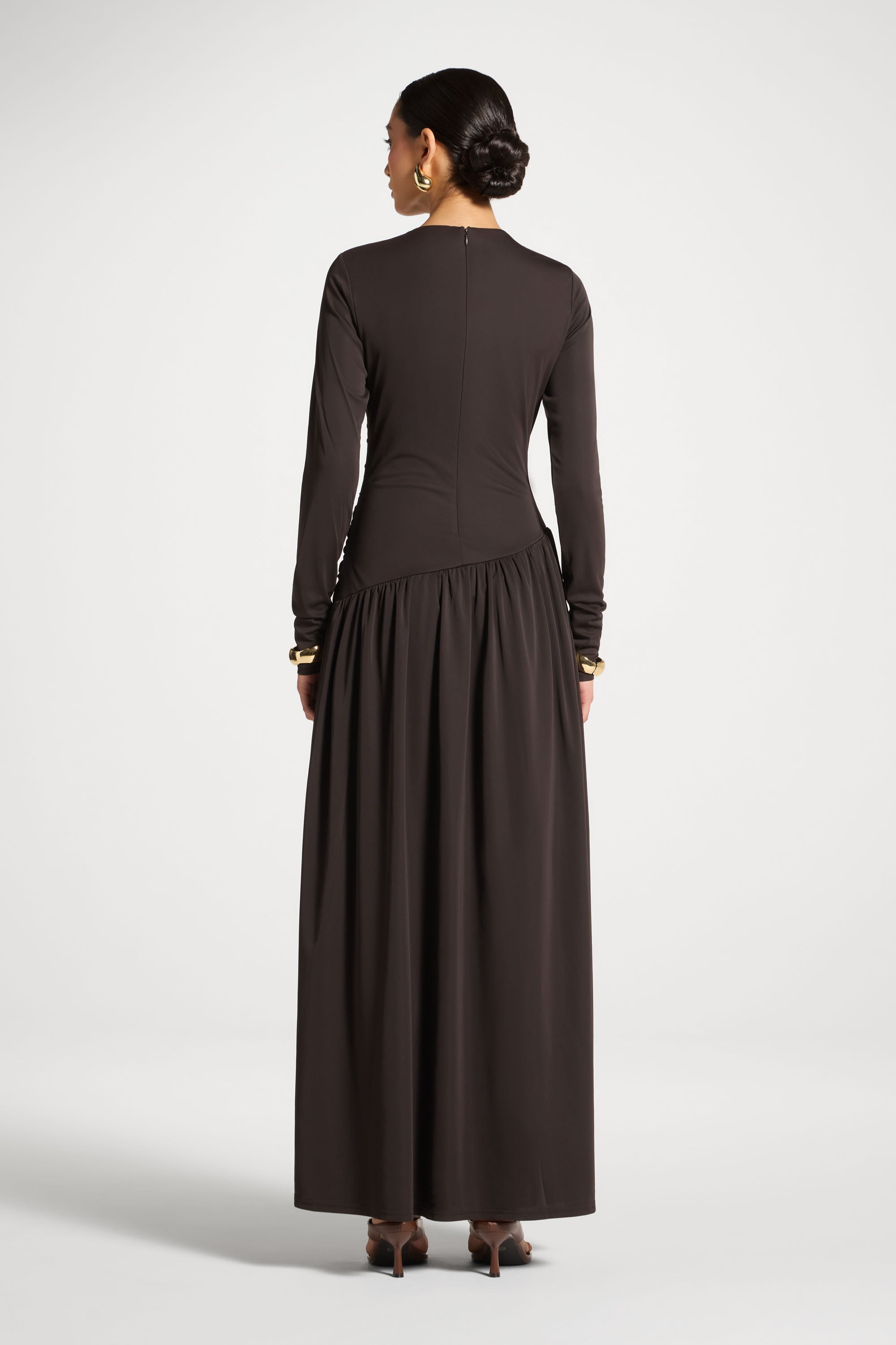Asymmetrical Waist Rouched Maxi Dress - Chocolate Abayas Veiled