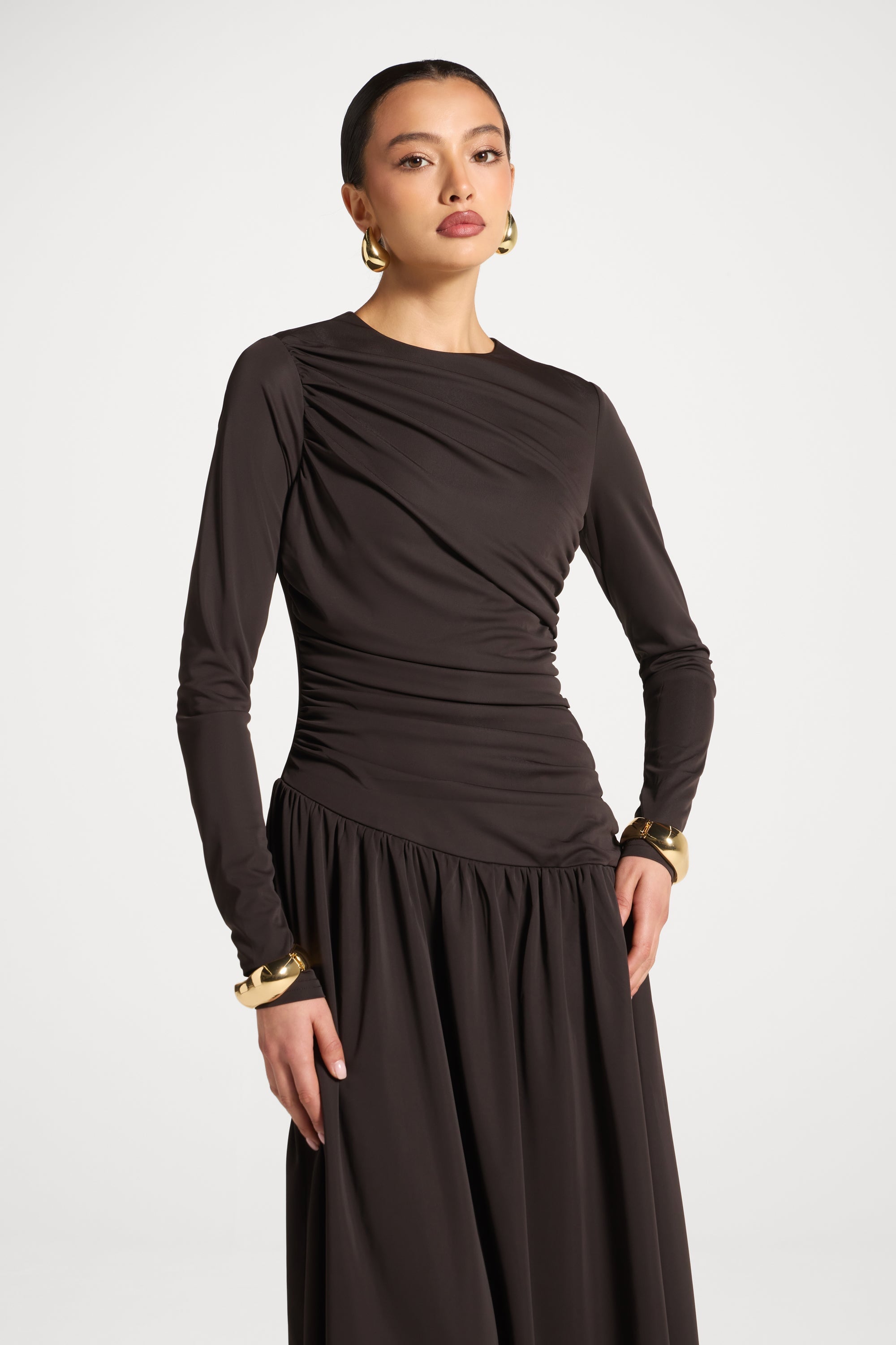 Asymmetrical Waist Rouched Maxi Dress - Chocolate Abayas Veiled