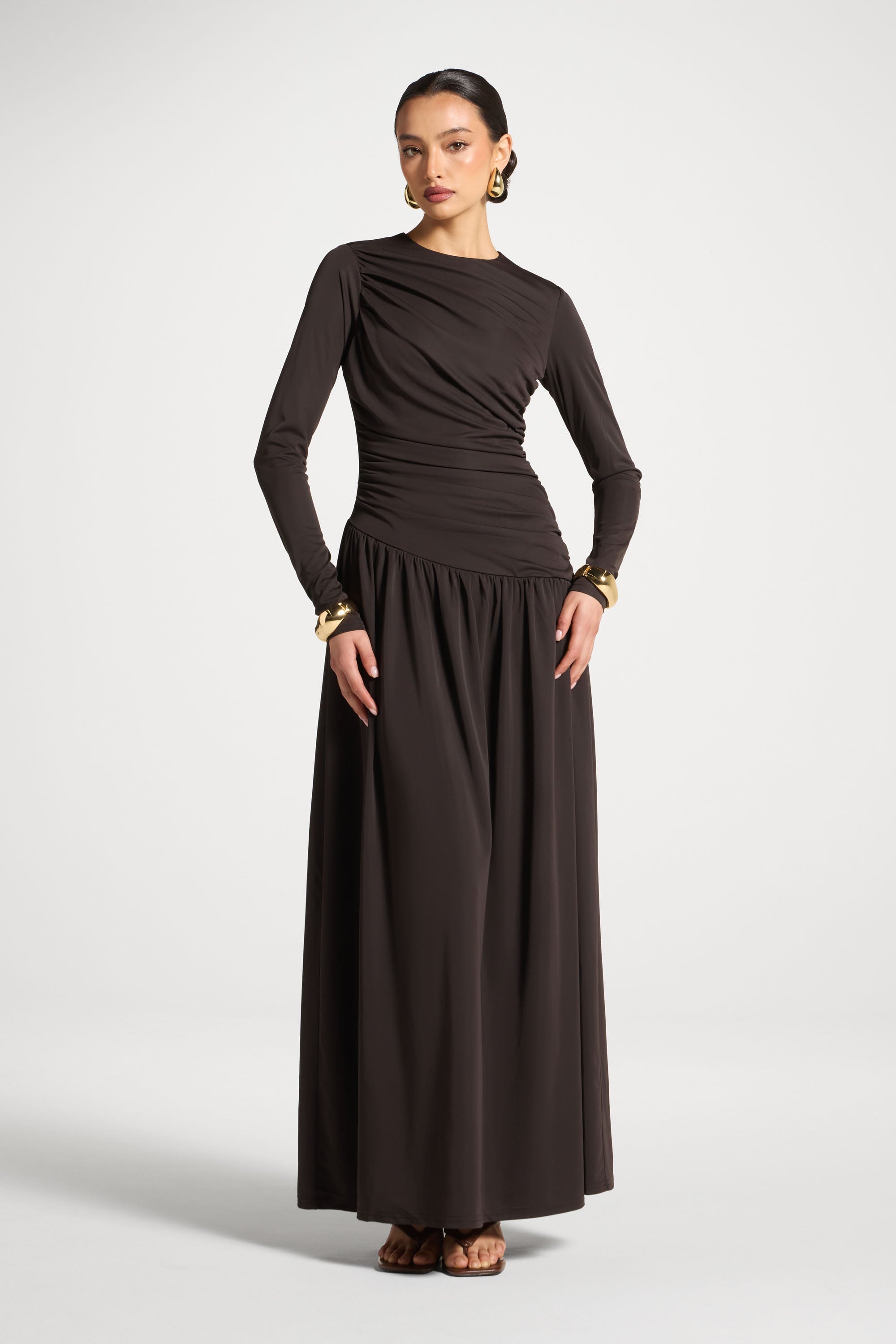 Asymmetrical Waist Rouched Maxi Dress - Chocolate Abayas Veiled