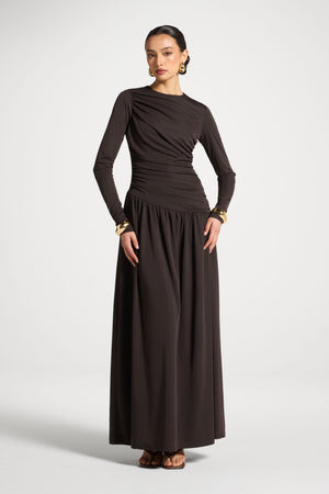 Asymmetrical Waist Rouched Maxi Dress - Chocolate