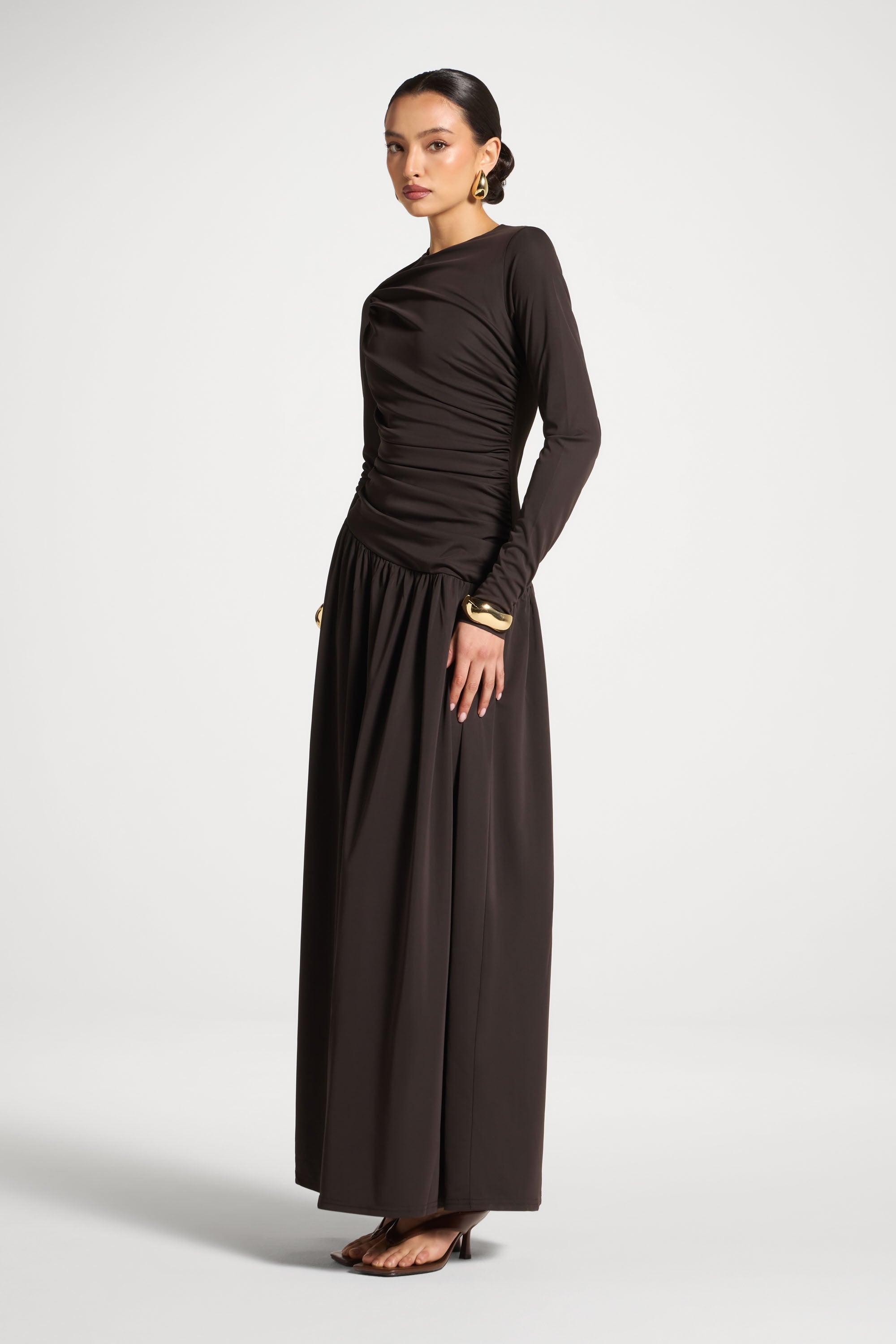 Asymmetrical Waist Rouched Maxi Dress - Chocolate Abayas Veiled
