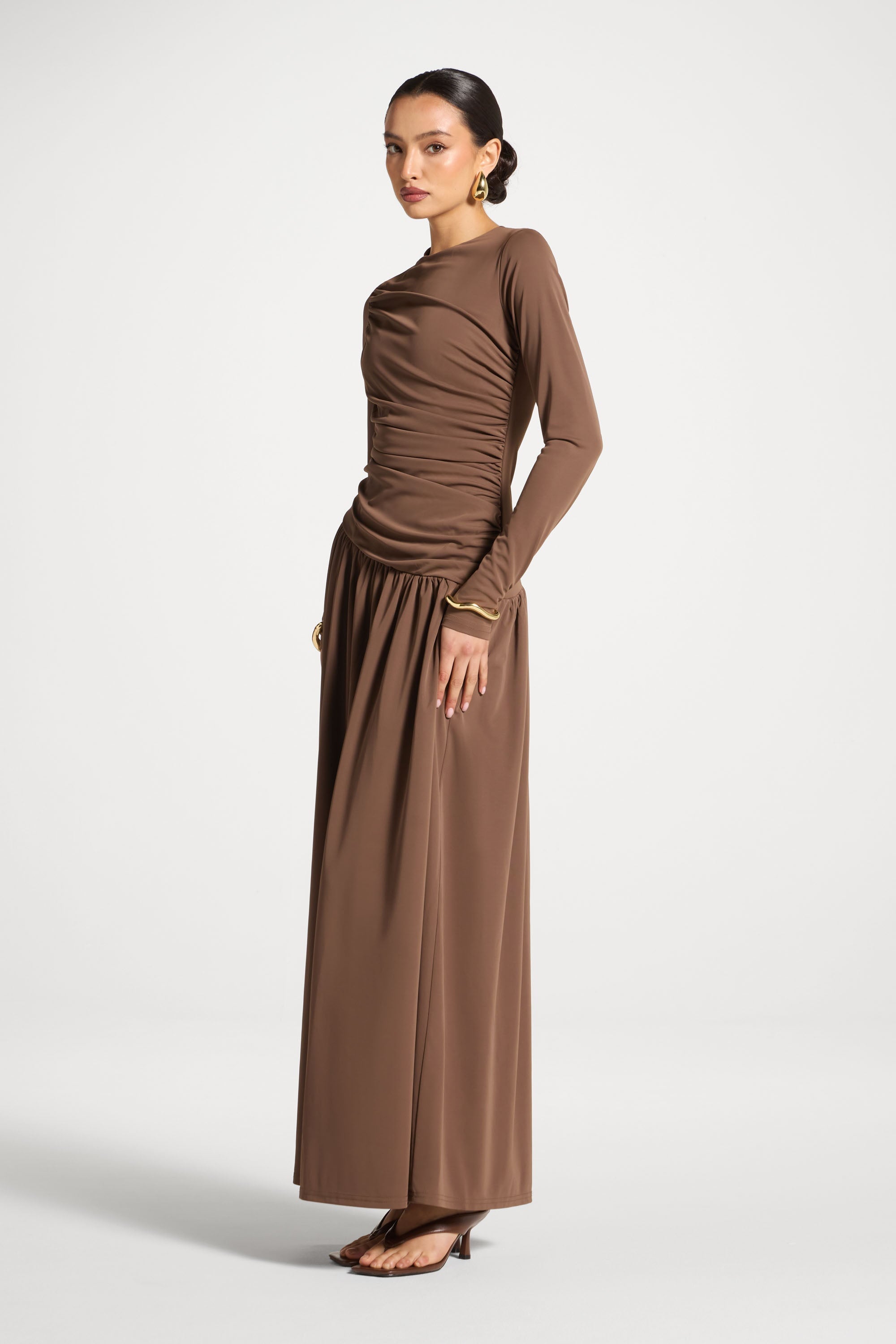Asymmetrical Waist Rouched Maxi Dress - Coffee Quartz Abayas Veiled
