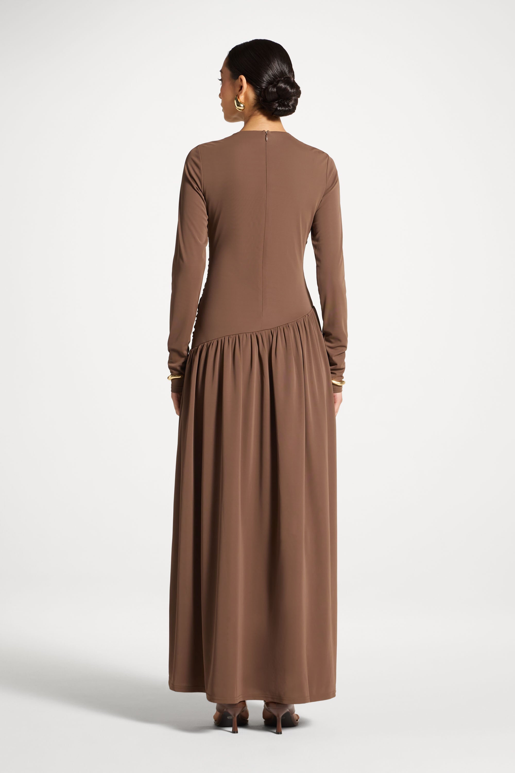 Asymmetrical Waist Rouched Maxi Dress - Coffee Quartz Abayas Veiled