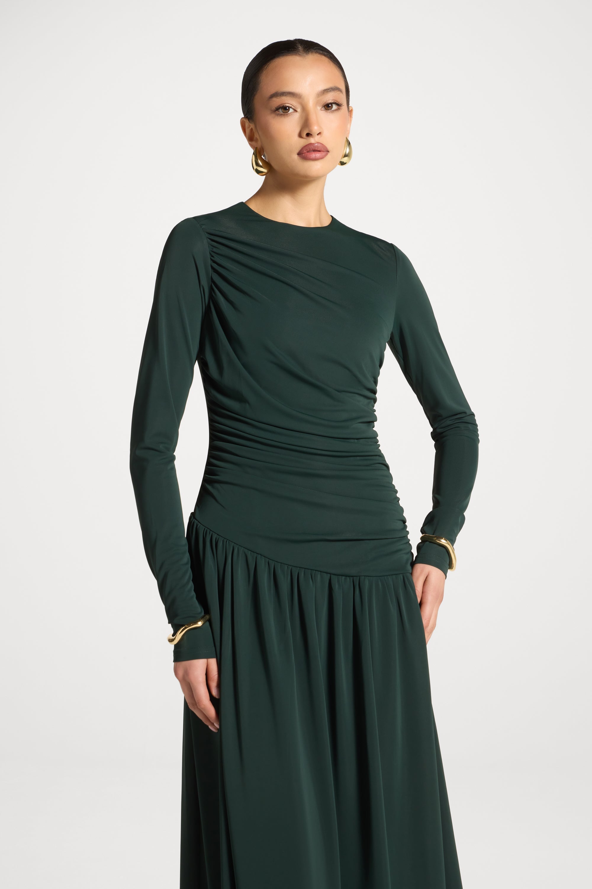 Asymmetrical Waist Rouched Maxi Dress - Emerald Abayas Veiled
