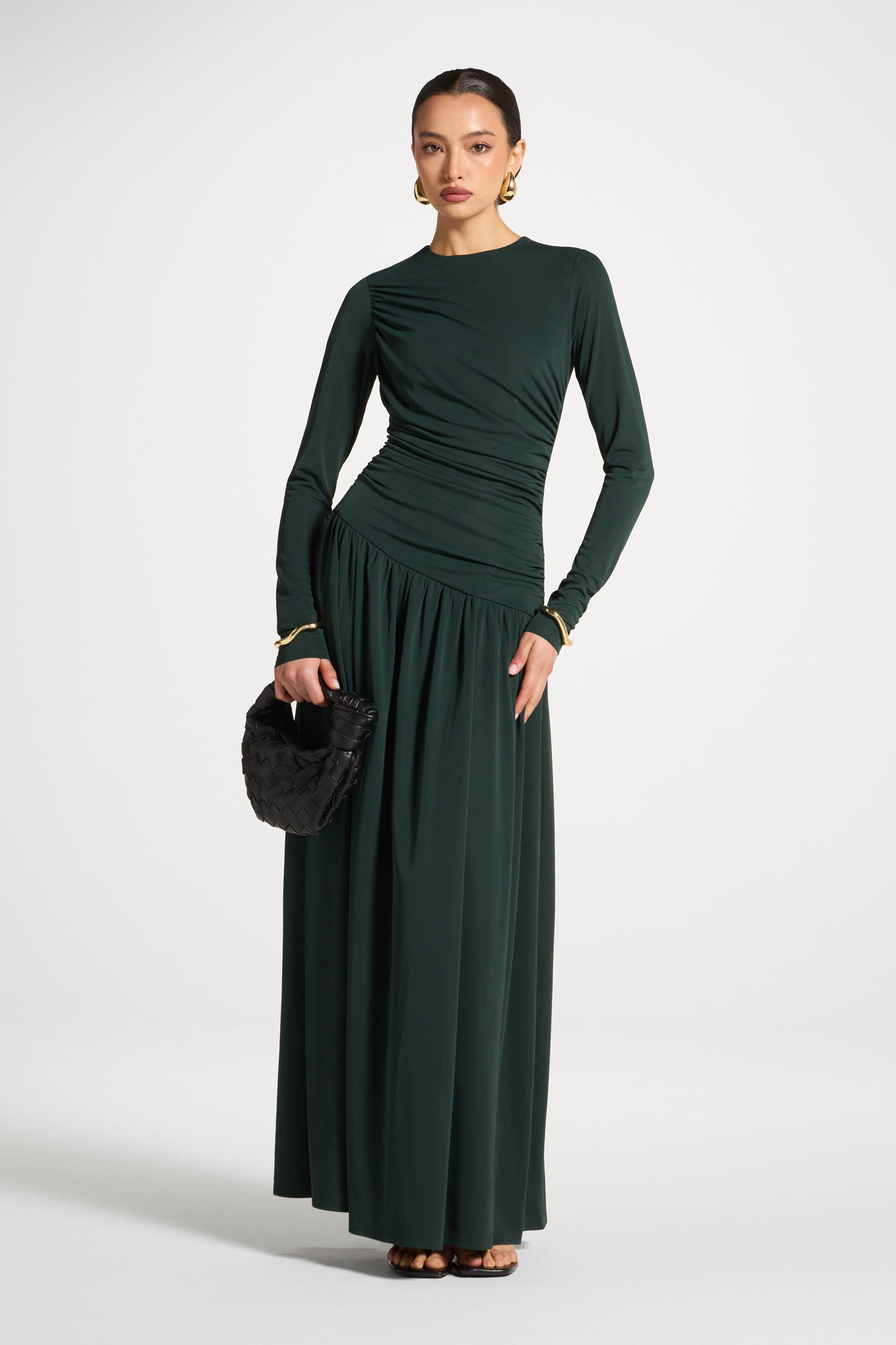 Asymmetrical Waist Rouched Maxi Dress - Emerald Abayas Veiled