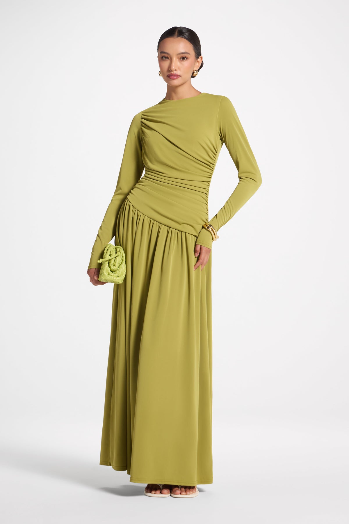 Asymmetrical Waist Rouched Maxi Dress - Evergreen Abayas Veiled